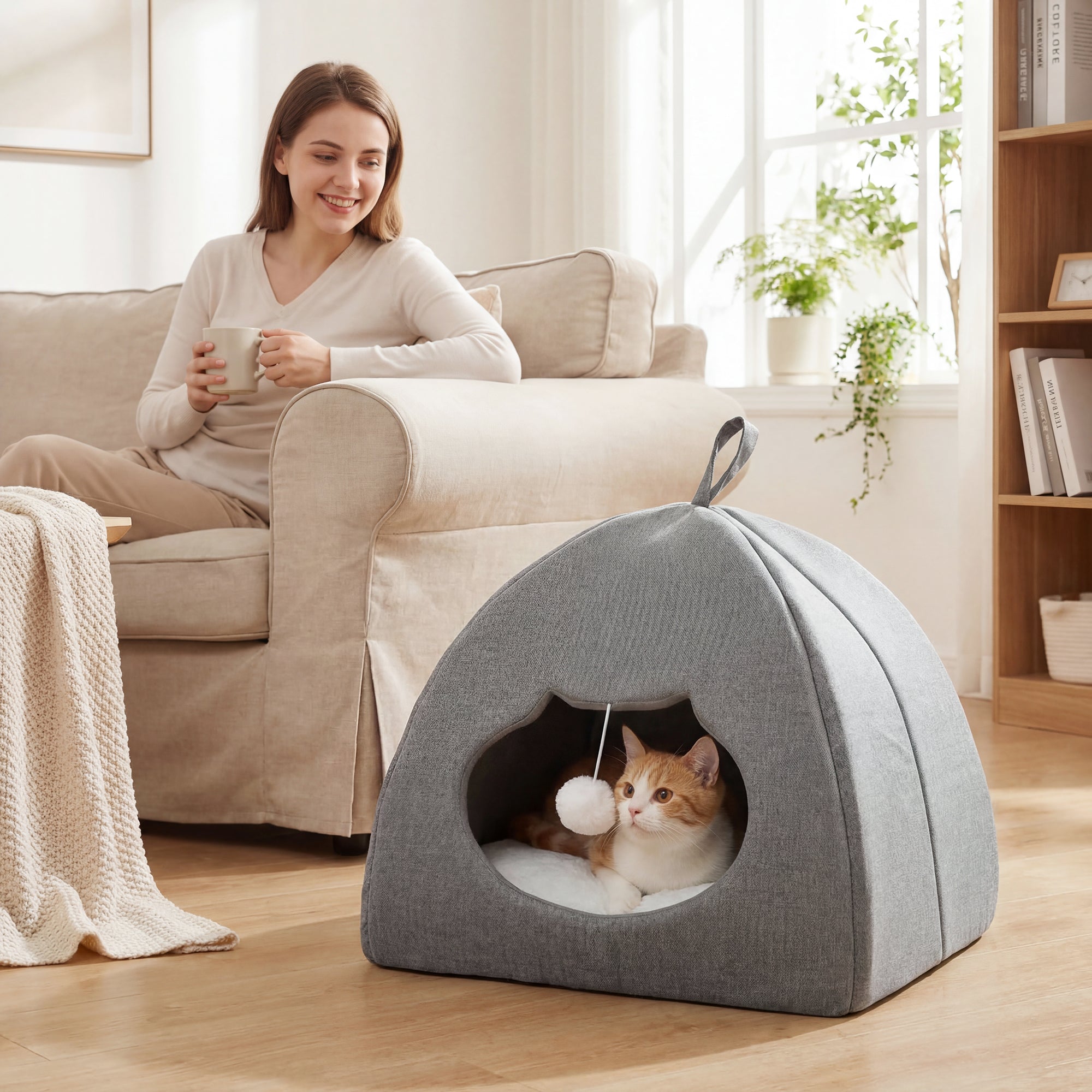 pawhut-grotte-lit-chat-42-x-42-x-39-cm-avec-coussin-r-versible-et-balle-gris image 4