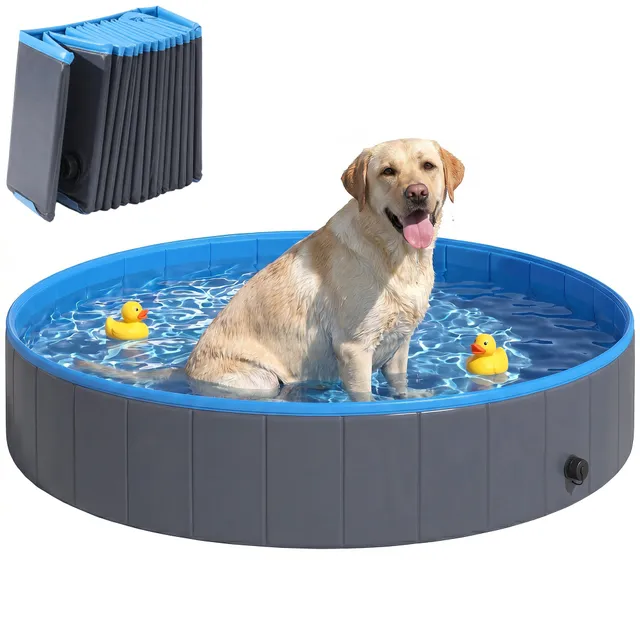 pawhut-piscine-pliable-pour-chien-en-pvc-160-x-30-cm-bleu-et-gris-fonc-avec-base image 1