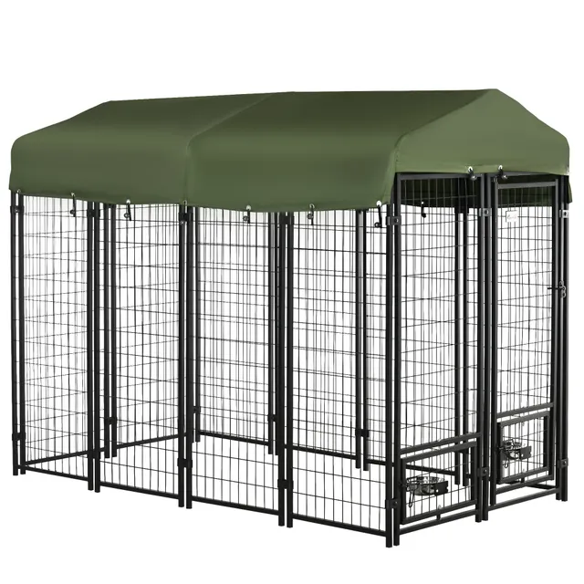 pawhut-chenil-chien-ext-rieur-acier-avec-toit-et-gamelles-vert image 1