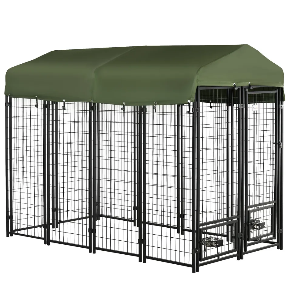 pawhut-chenil-chien-ext-rieur-acier-avec-toit-et-gamelles-vert image 1
