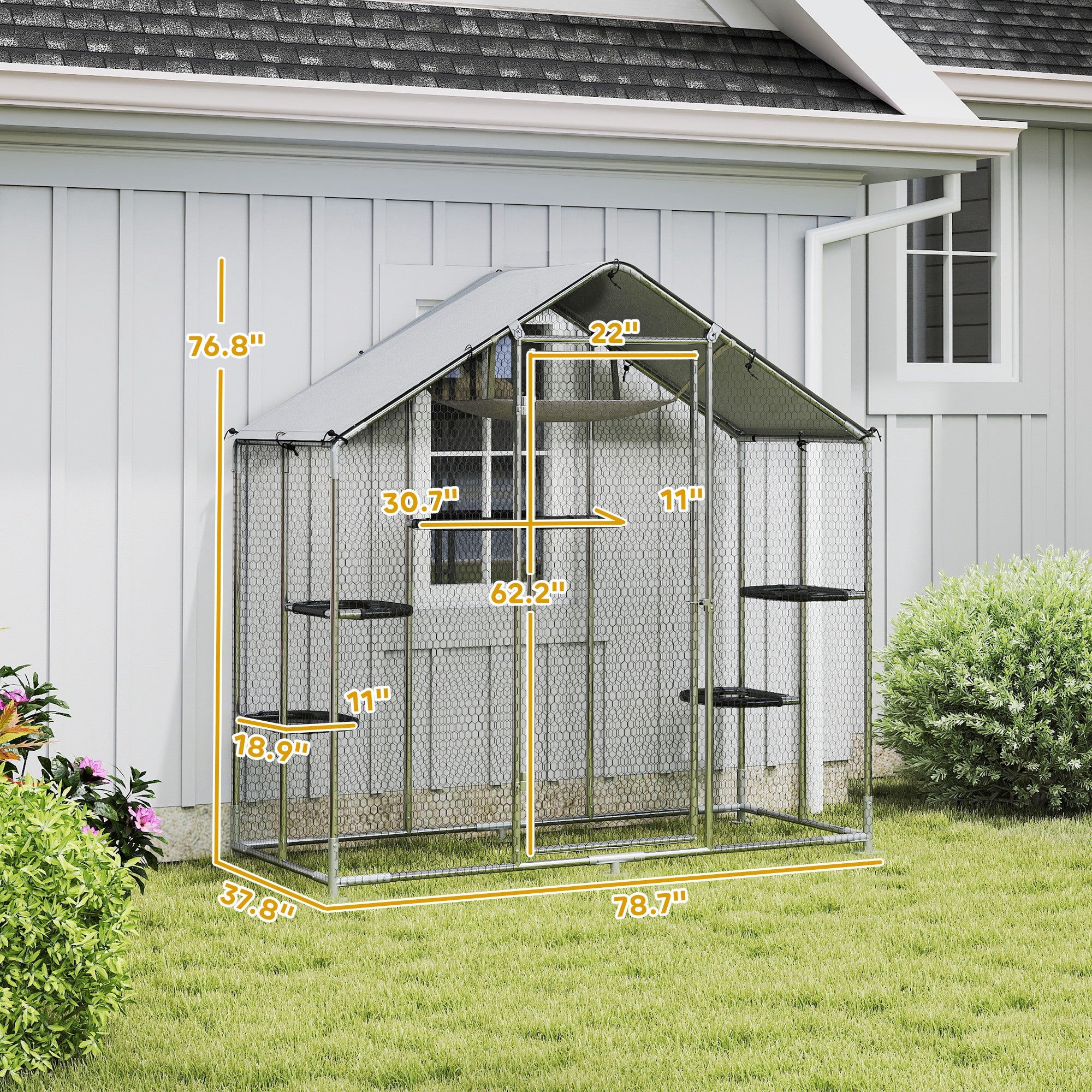 pawhut-catio-enclos-chat-walk-in-m-tal-77-avec-5-plateformes-et-hamac-argent image 5