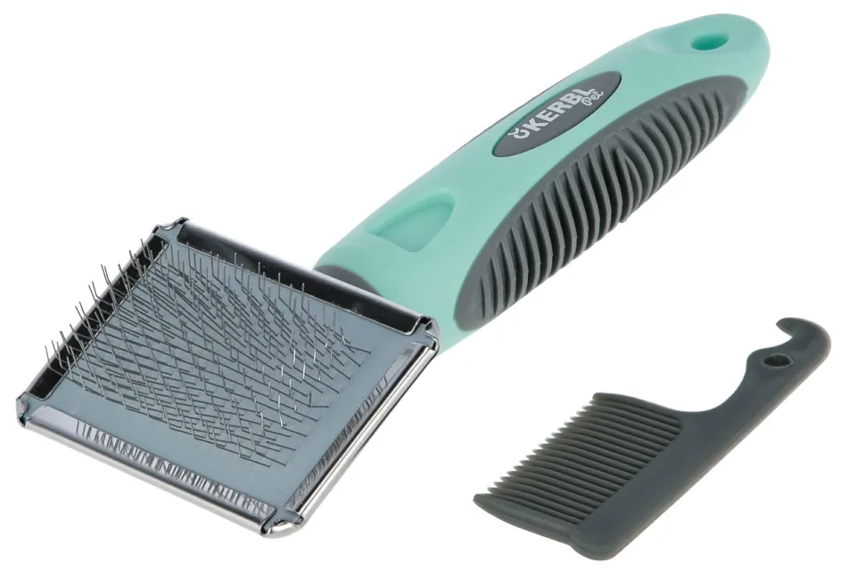 kerbl-carde-douce-turquoise-gris-brosse-de-soin-16-x-6-cm-poils-m-tal-souple-ant image 1
