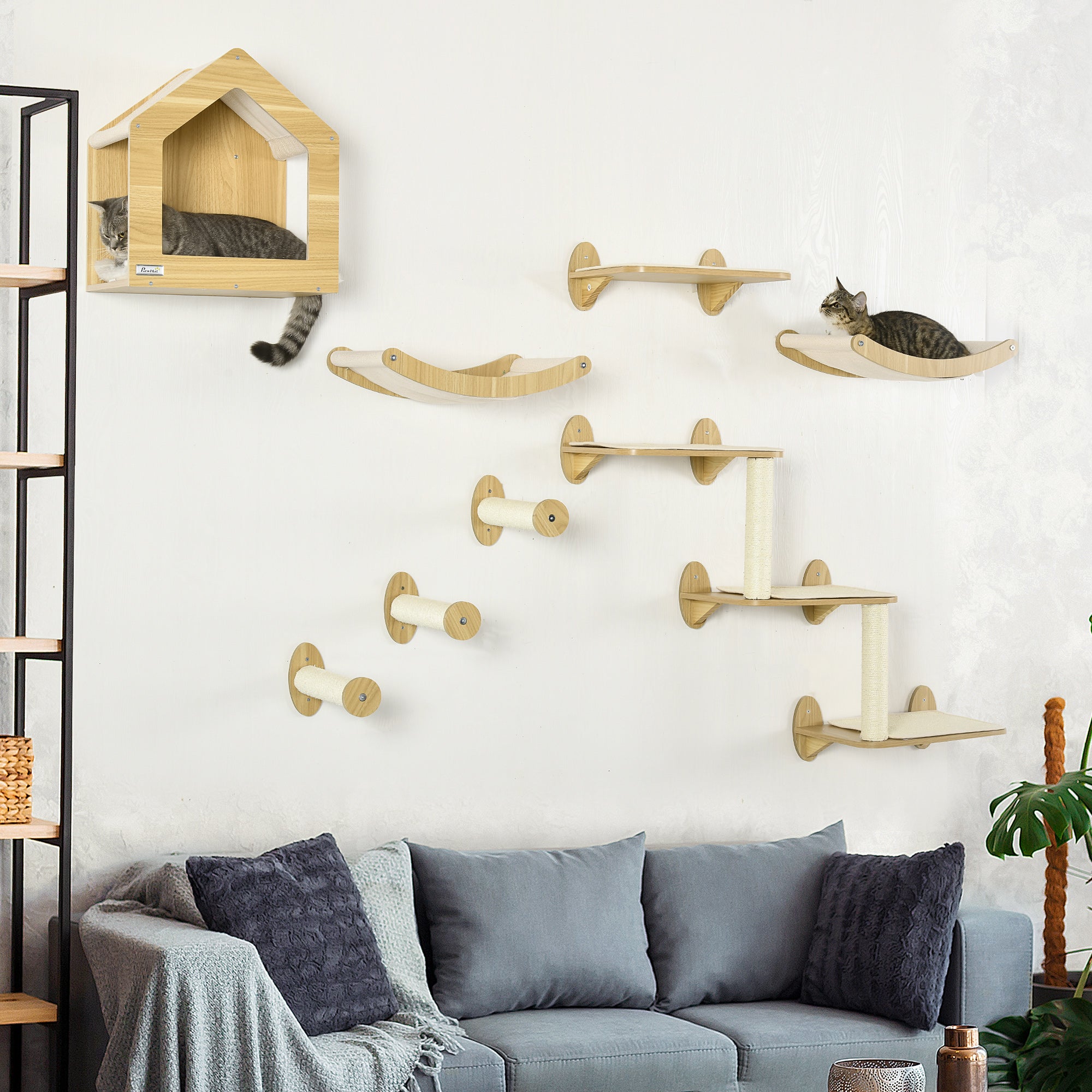 pawhut-ensemble-8-pi-ces-tag-res-murales-pour-chat-avec-niche-3-perchoirs-beige image 4