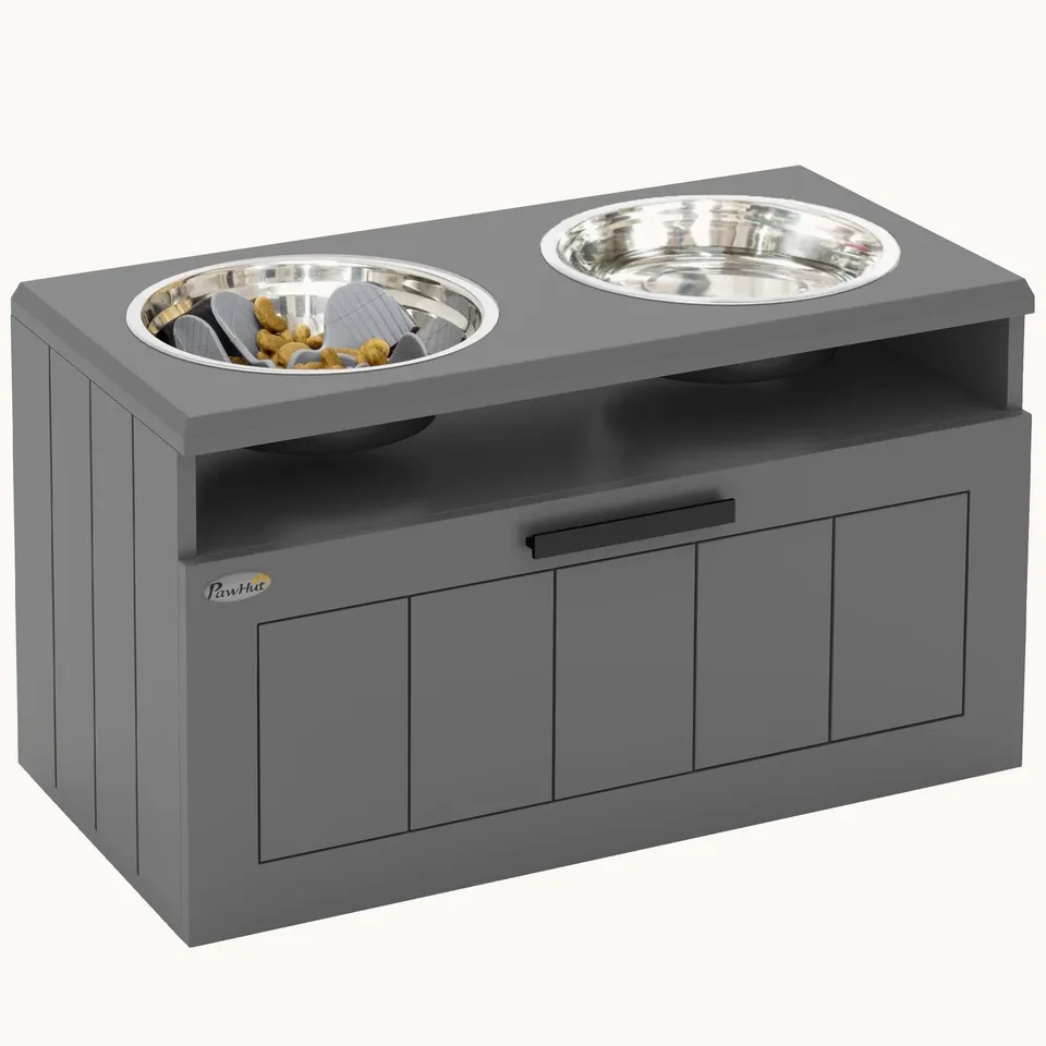 pawhut-station-d-alimentation-sur-lev-e-grise-2-bols-inox-tiroir-25l-et-tapis-sl image 1