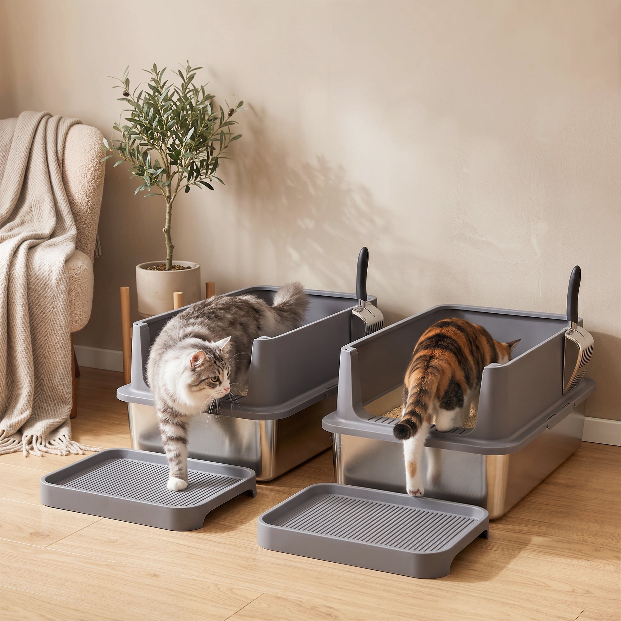 pawhut-bac-liti-re-chat-inox-xl-lot-de-2-avec-marche-antitrace-et-pelles image 3