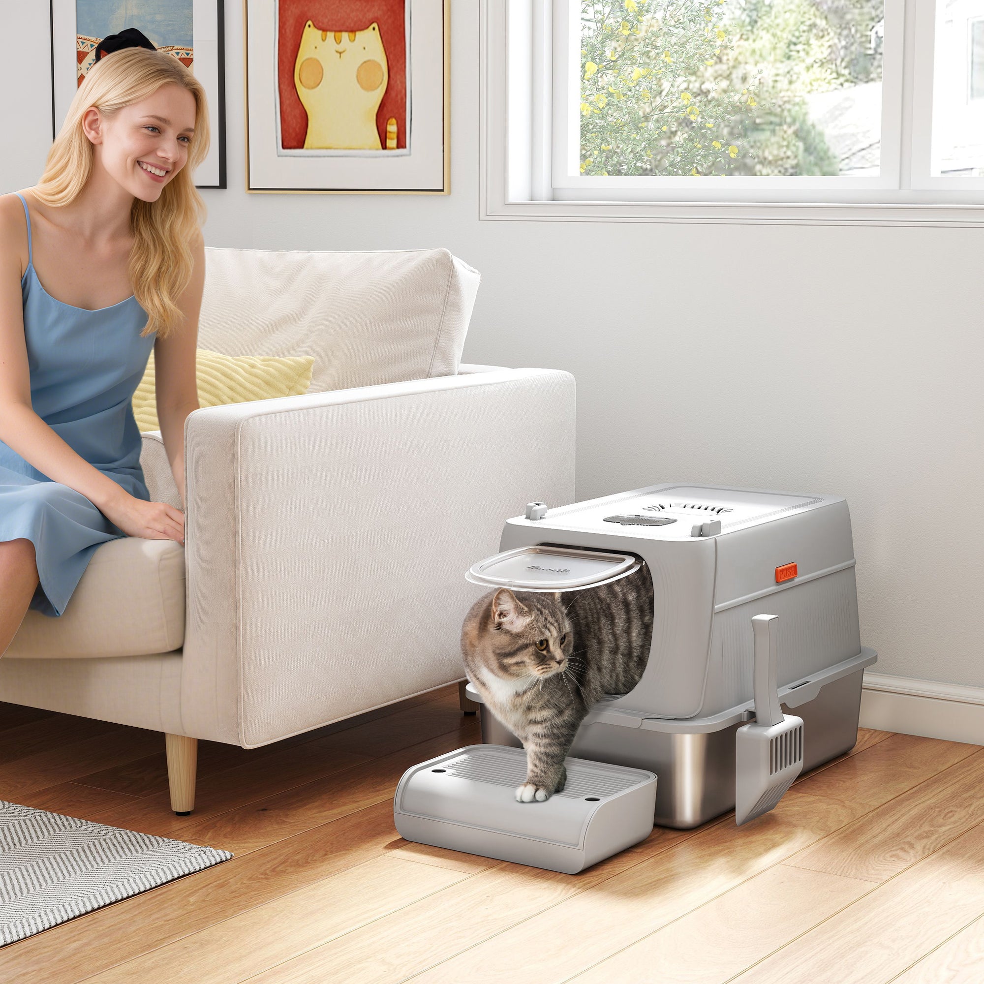 pawhut-bac-liti-re-xl-inox-avec-couvercle-p-dale-et-pelle-gris-clair image 4