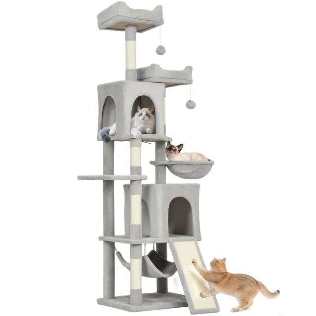 pawhut-arbre-chat-177-cm-avec-2-niches-2-perchoirs-et-hamac-gris-clair image 1