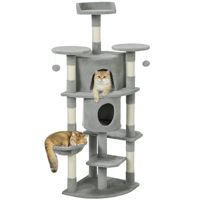 pawhut-arbre-chat-157-cm-2-niches-hamac-et-perchoirs-gris-clair image 1