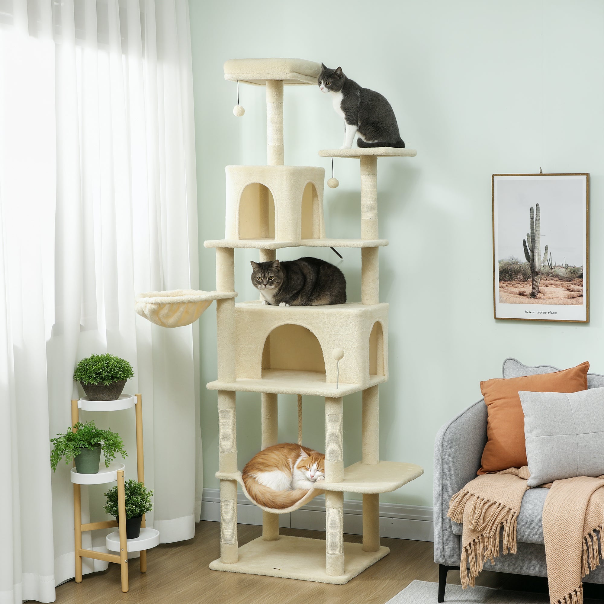 pawhut-arbre-chat-202-cm-avec-6-griffoirs-2-niches-et-2-hamacs-beige image 3