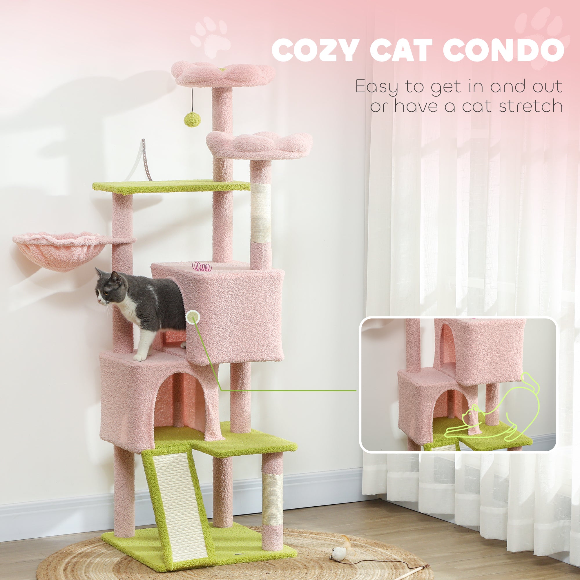 pawhut-arbre-chat-fleur-157-cm-avec-2-niches-2-paniers-fleur-et-hamac-rose image 8