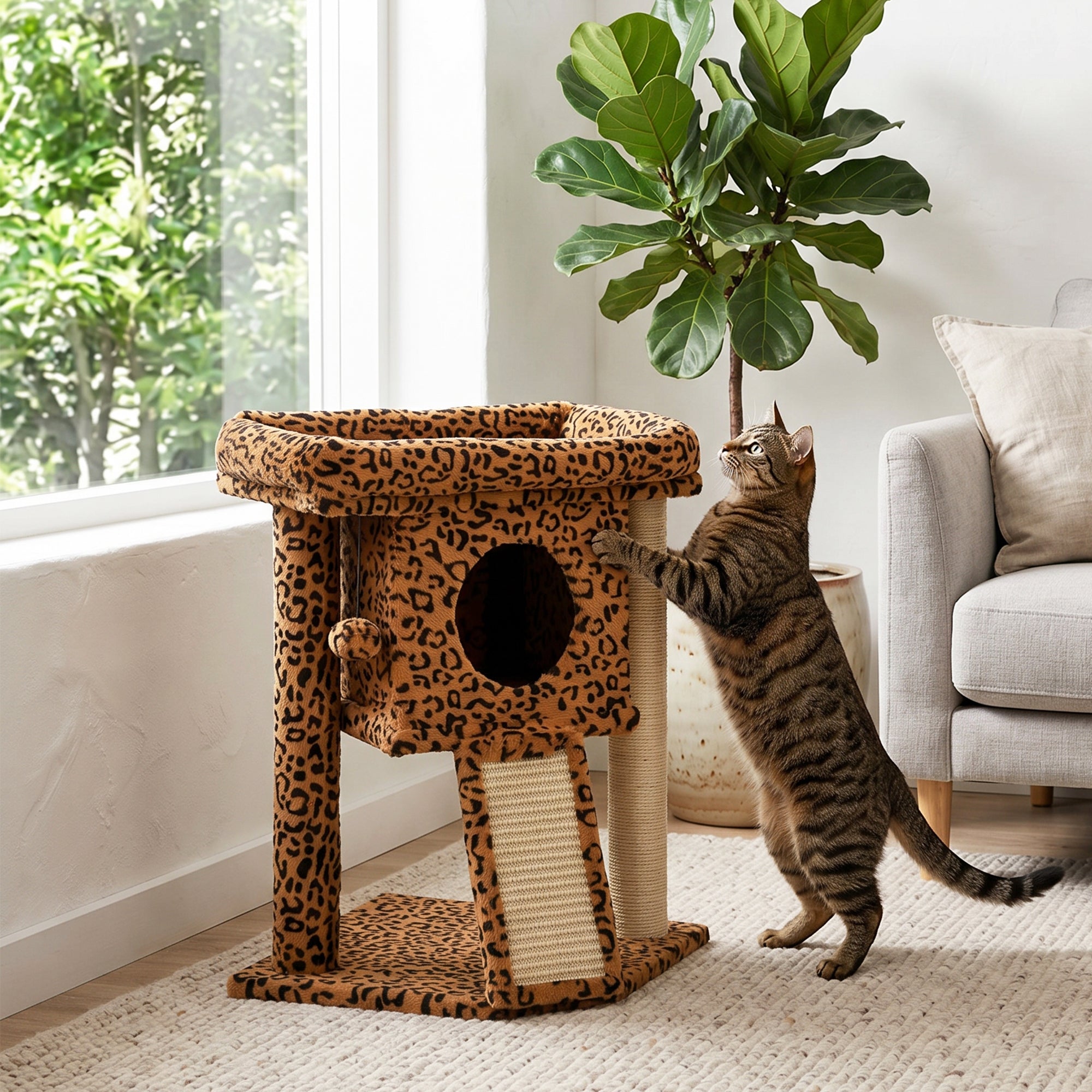 pawhut-arbre-chat-compact-avec-perchoir-griffoir-maison-et-jouet-suspendu-imprim image 3
