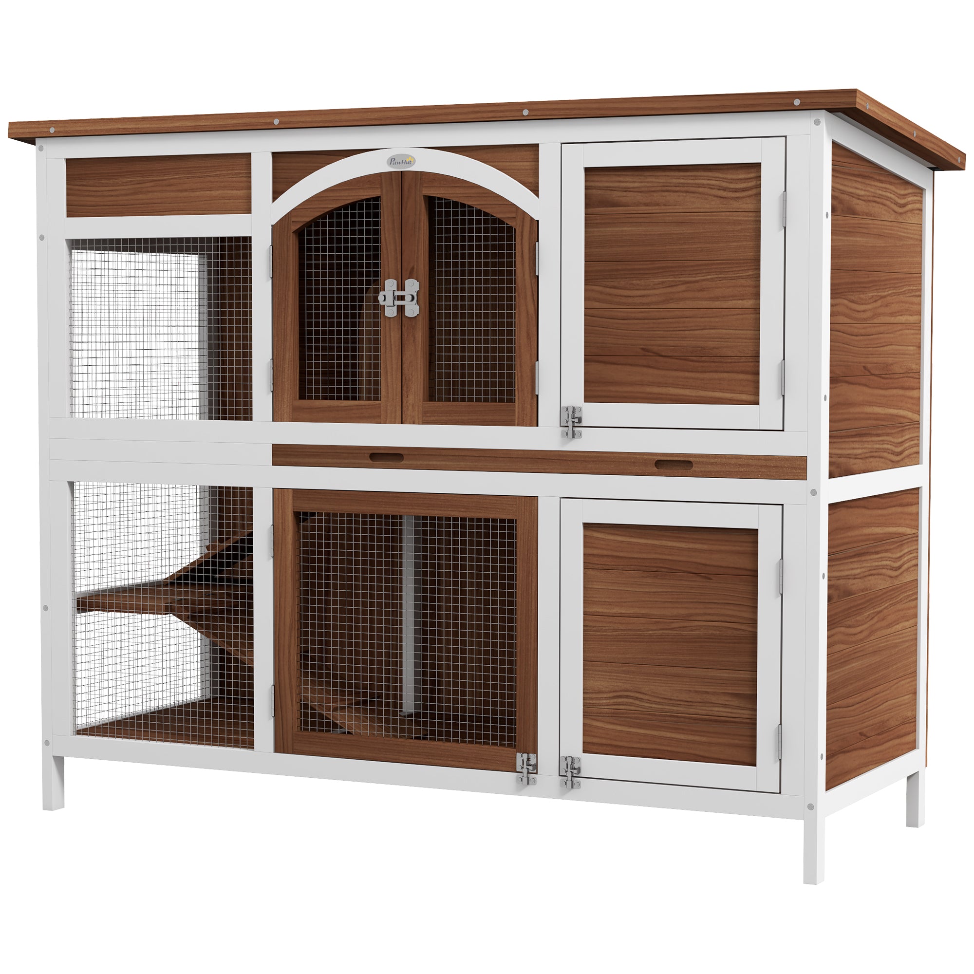 pawhut-clapier-lapin-2-tages-avec-rampe-s-parateur-et-tiroir-marron image 2