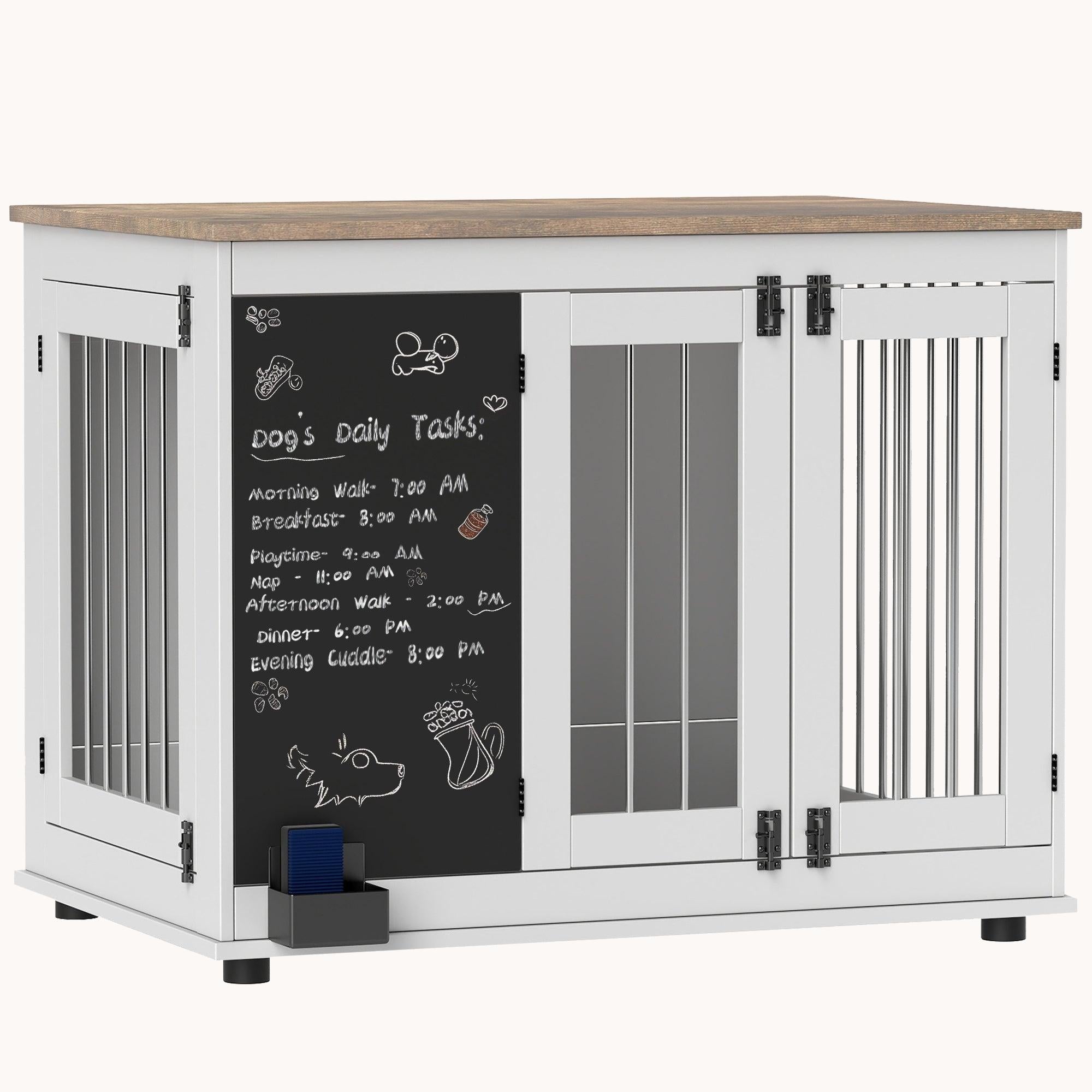 pawhut-niche-chenil-meuble-3-portes-blanche-avec-tableau-noir-pour-grands-chiens image 1