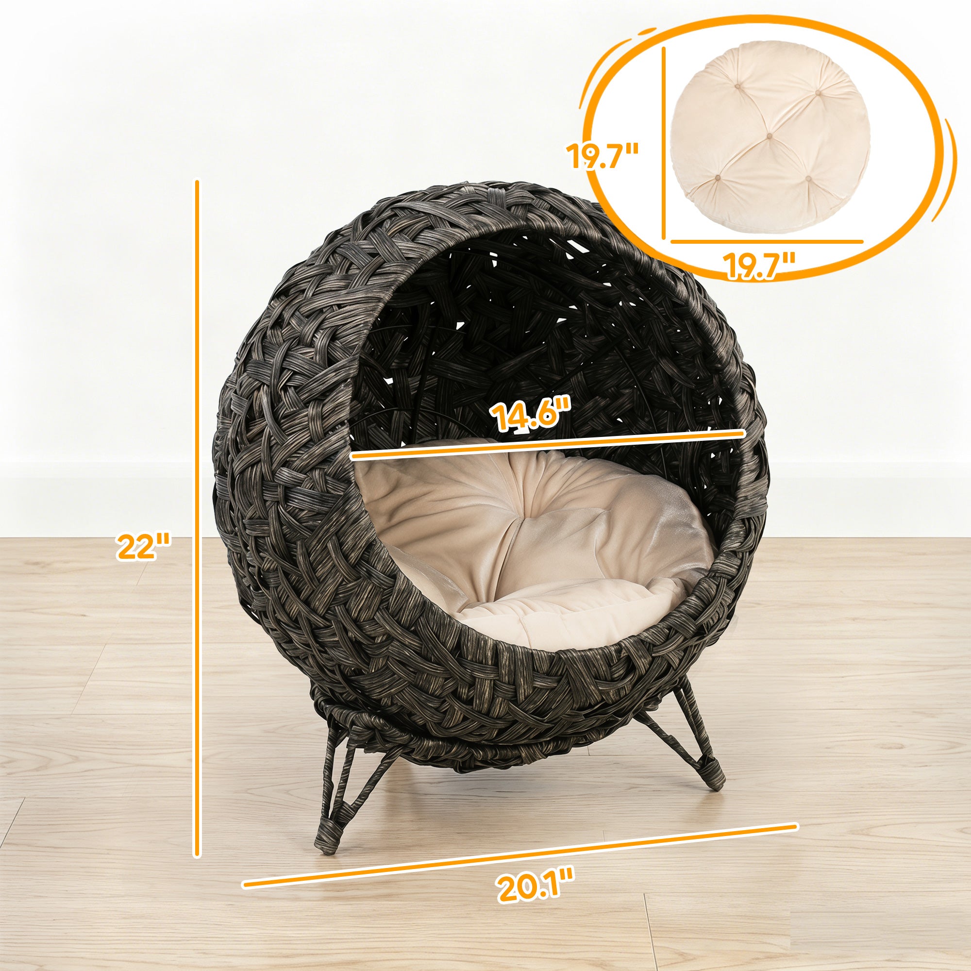 pawhut-lit-chat-sur-lev-rotin-tress-avec-coussin-et-base-m-tal-gris image 5