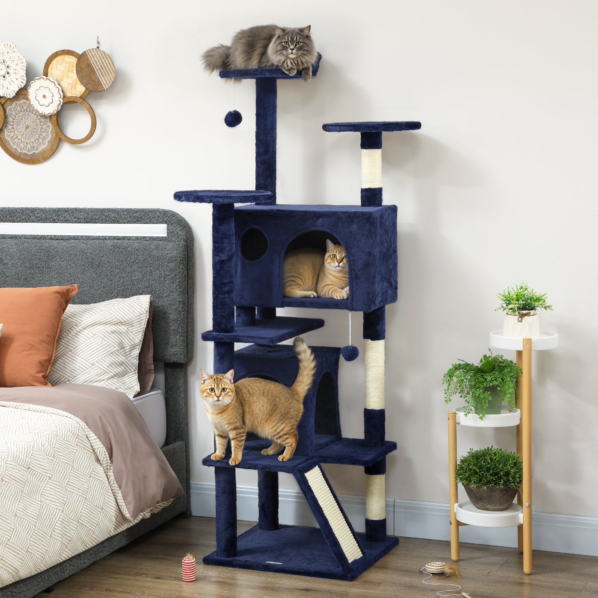 pawhut-arbre-chat-63-avec-condos-lit-rampe-et-griffoirs-bleu-fonc image 4
