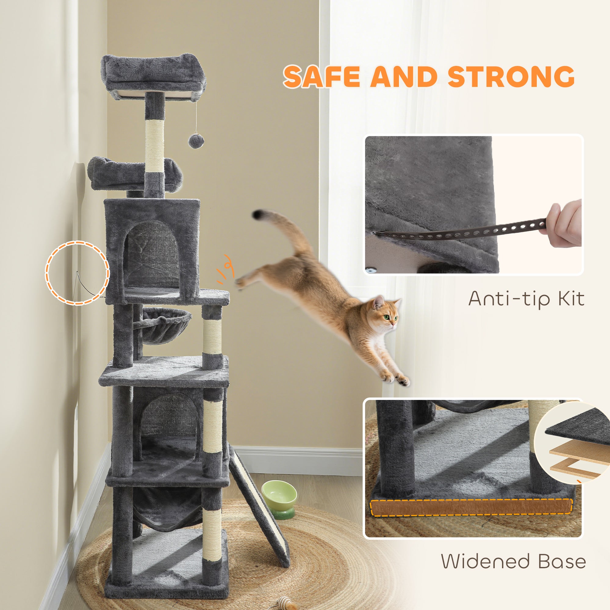 pawhut-arbre-chat-177-cm-avec-2-niches-2-perchoirs-et-hamac-gris-fonc image 8