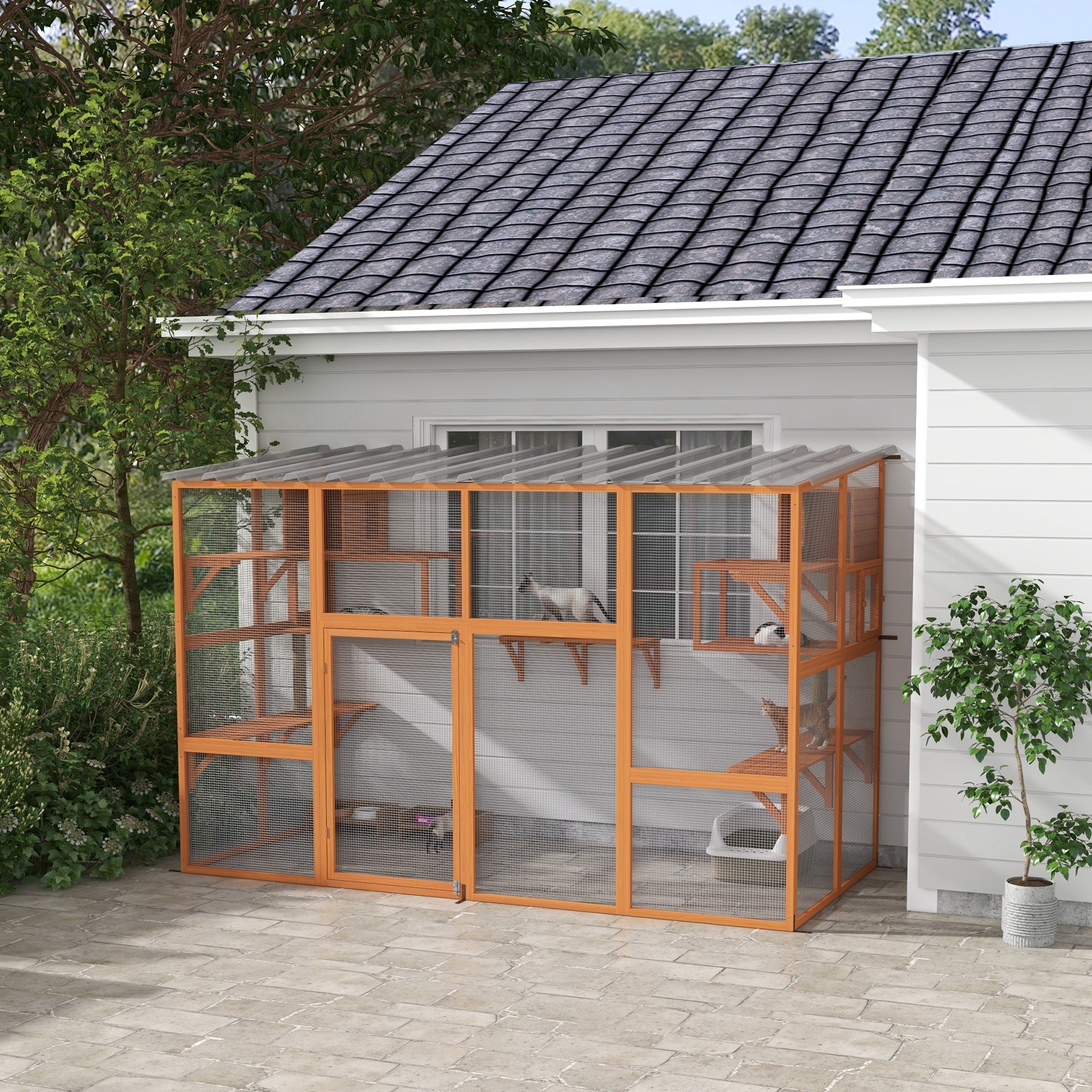 pawhut-enclos-ext-rieur-walk-in-catio-orange-avec-condos-et-plateformes-et-toit image 3