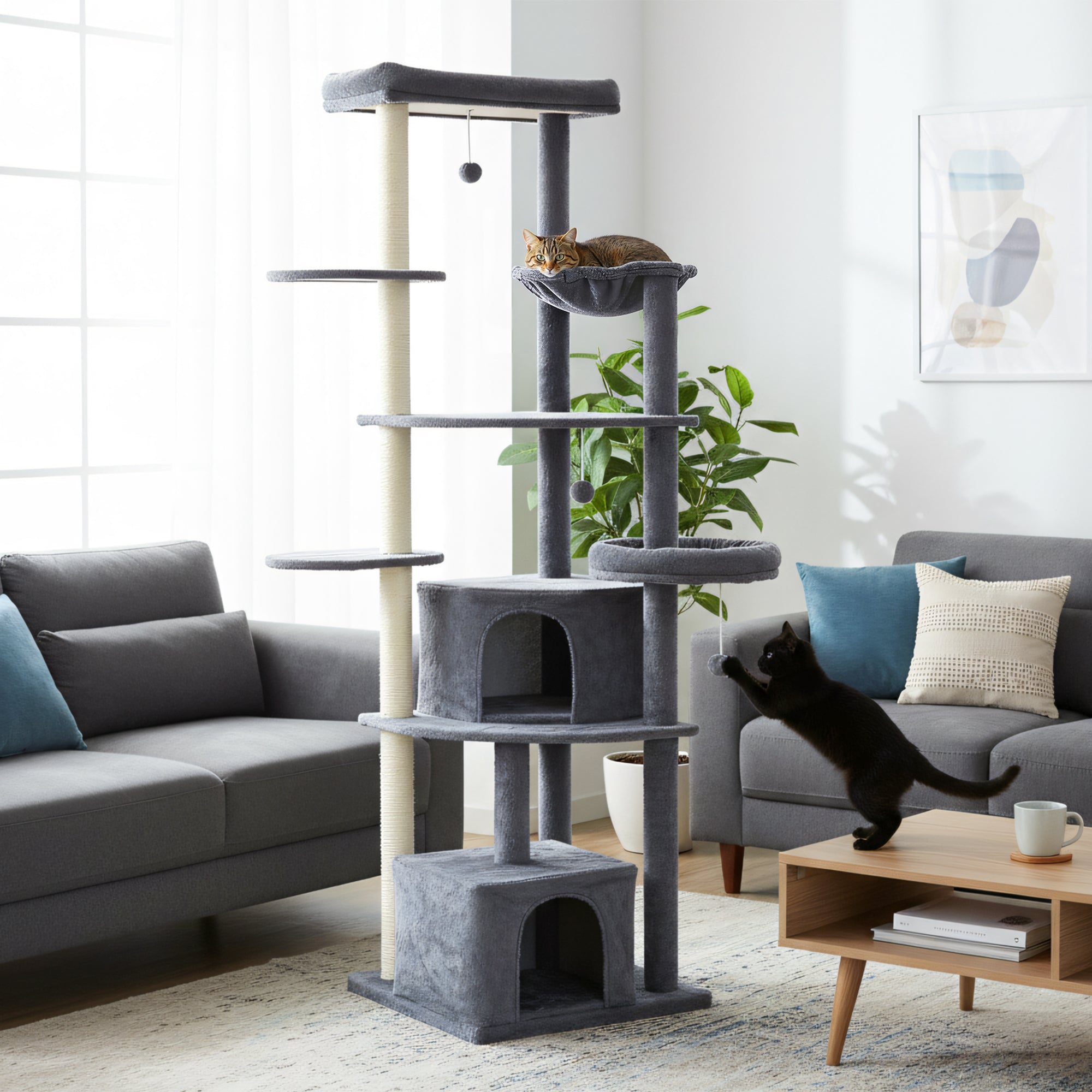 pawhut-arbre-chat-xxl-200-cm-gris-fonc-avec-2-grottes-2-perchoirs-et-hamac image 4
