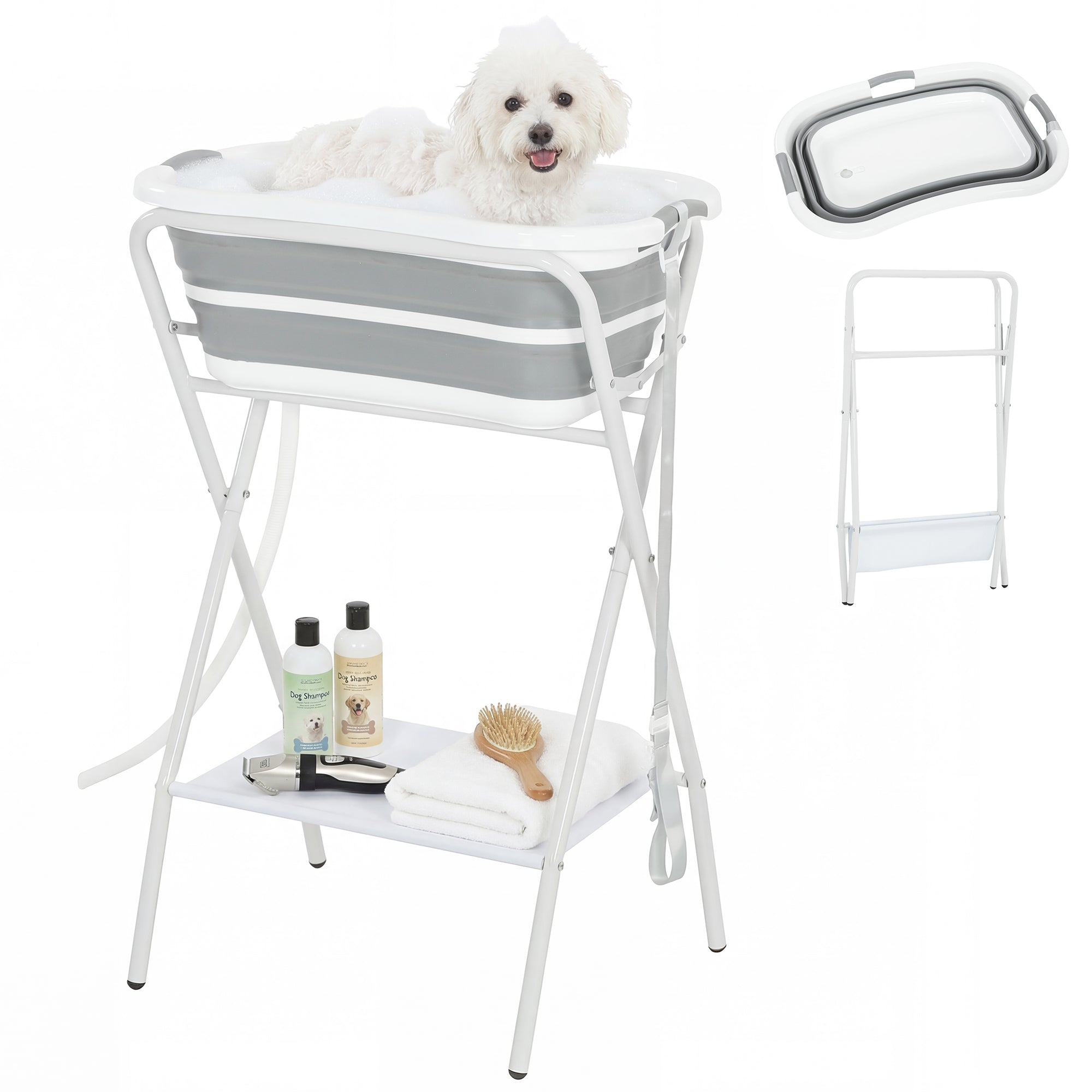 pawhut-baignoire-sur-lev-e-pliante-2-en-1-pour-petits-chiens-avec-tuyau-et-tag-r image 1
