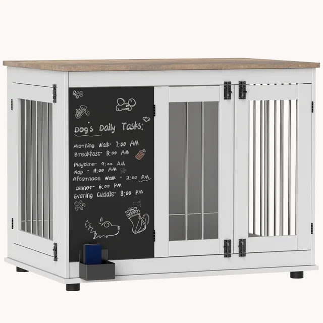pawhut-niche-chenil-meuble-3-portes-blanche-avec-tableau-noir-pour-grands-chiens image 1