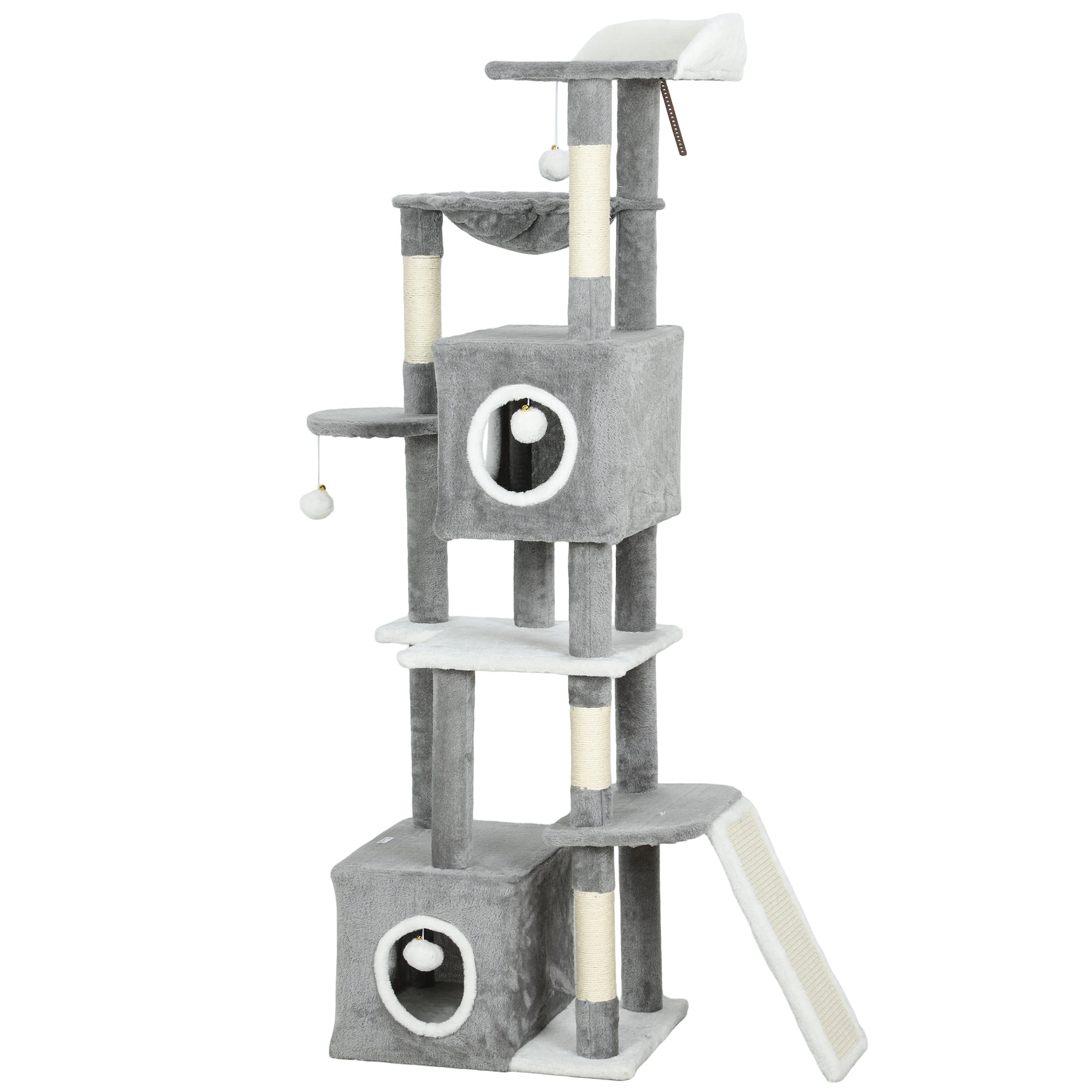 pawhut-arbre-chat-gris-65-165-cm-avec-2-niches-hamac-rampe-et-perchoir image 2