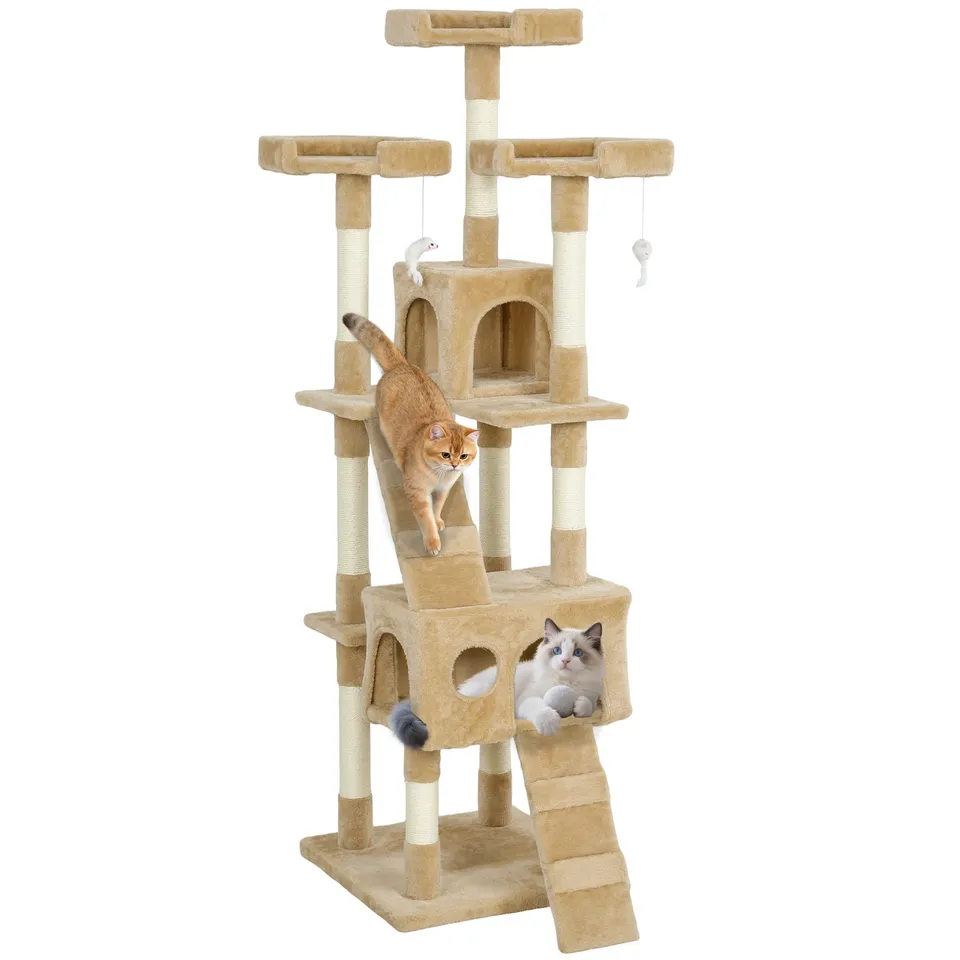 pawhut-arbre-chat-68-pouces-avec-2-niches-perchoirs-et-griffoirs-marron-clair image 1