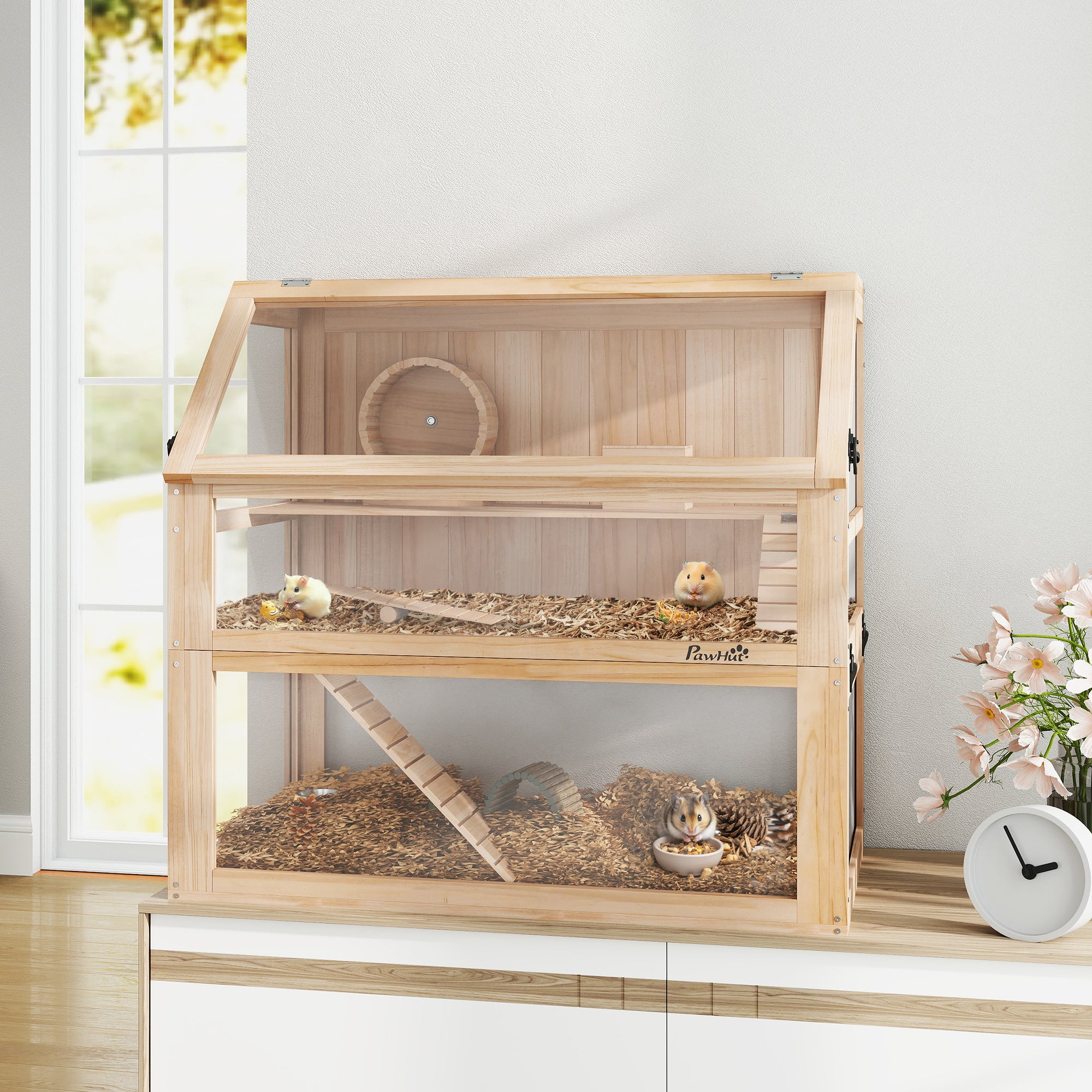 pawhut-cage-pour-hamster-en-bois-3-tages-avec-roue-maison-et-rampes-80-x-50-x-76 image 4