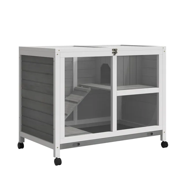 pawhut-cage-petits-animaux-en-bois-2-tages-roulettes-gris image 1
