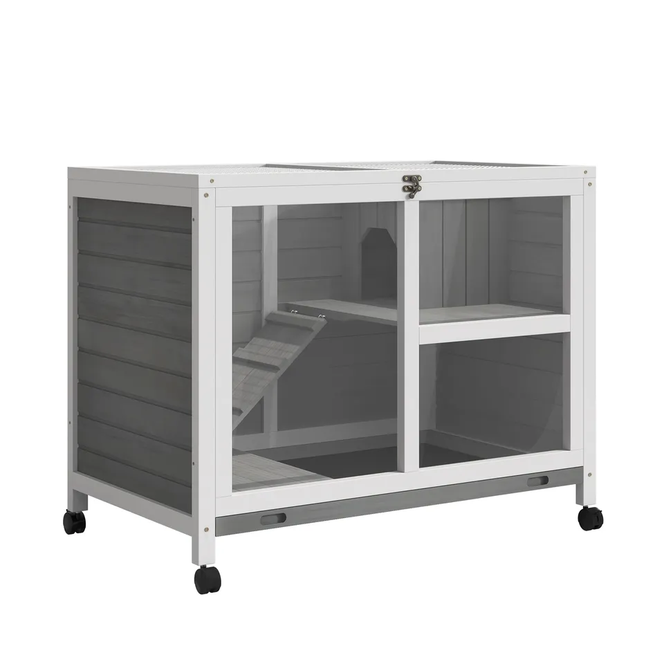 pawhut-cage-petits-animaux-en-bois-2-tages-roulettes-gris image 1