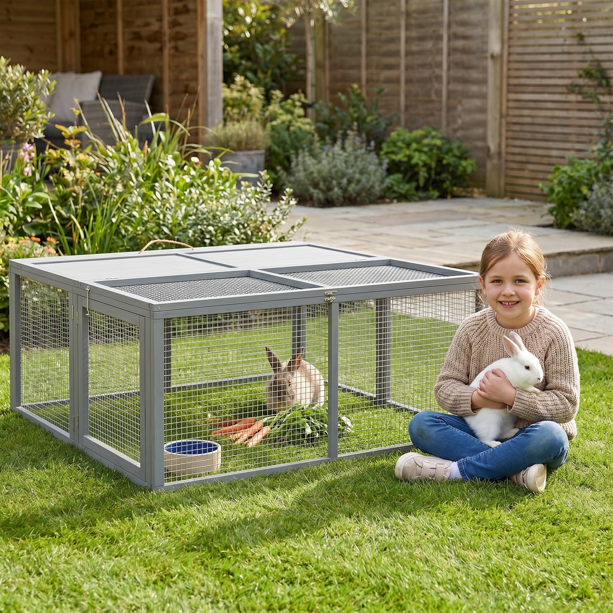 pawhut-clapier-lapin-pliable-bois-pour-2-3-lapins-gris image 3
