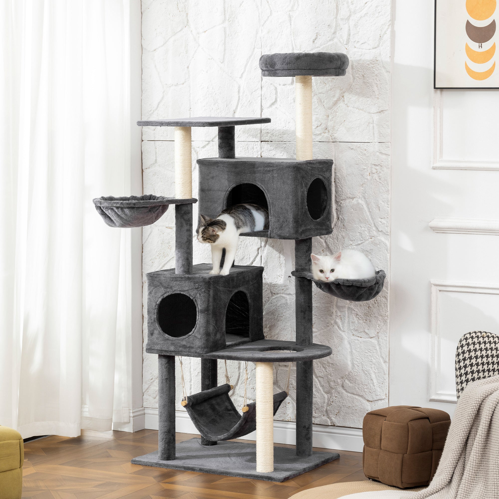 pawhut-arbre-chat-66-avec-2-niches-3-hamacs-et-perchoir-gris-fonc image 4