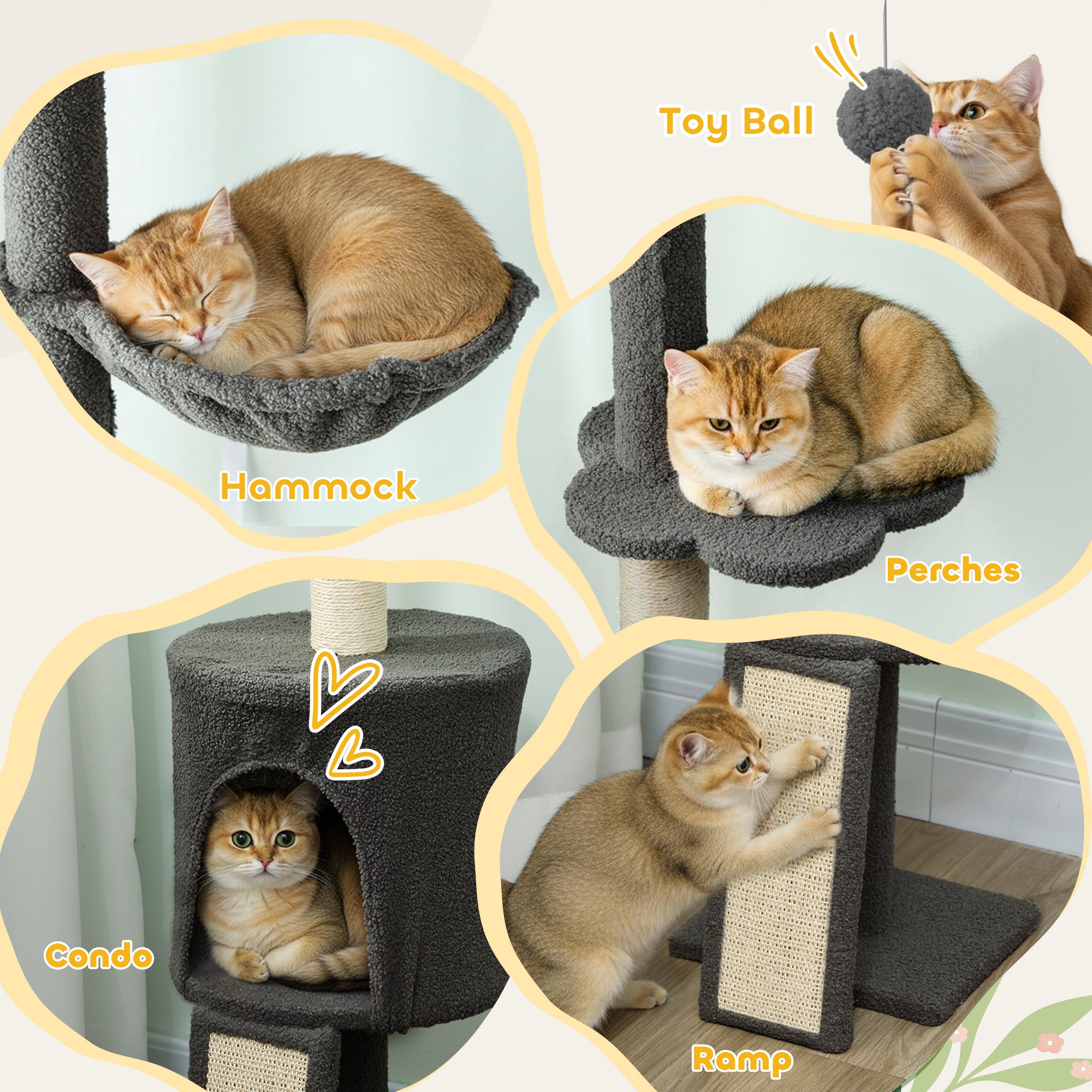 pawhut-arbre-chat-plafond-r-glable-220-240-cm-avec-hamac-gris-fonc image 7