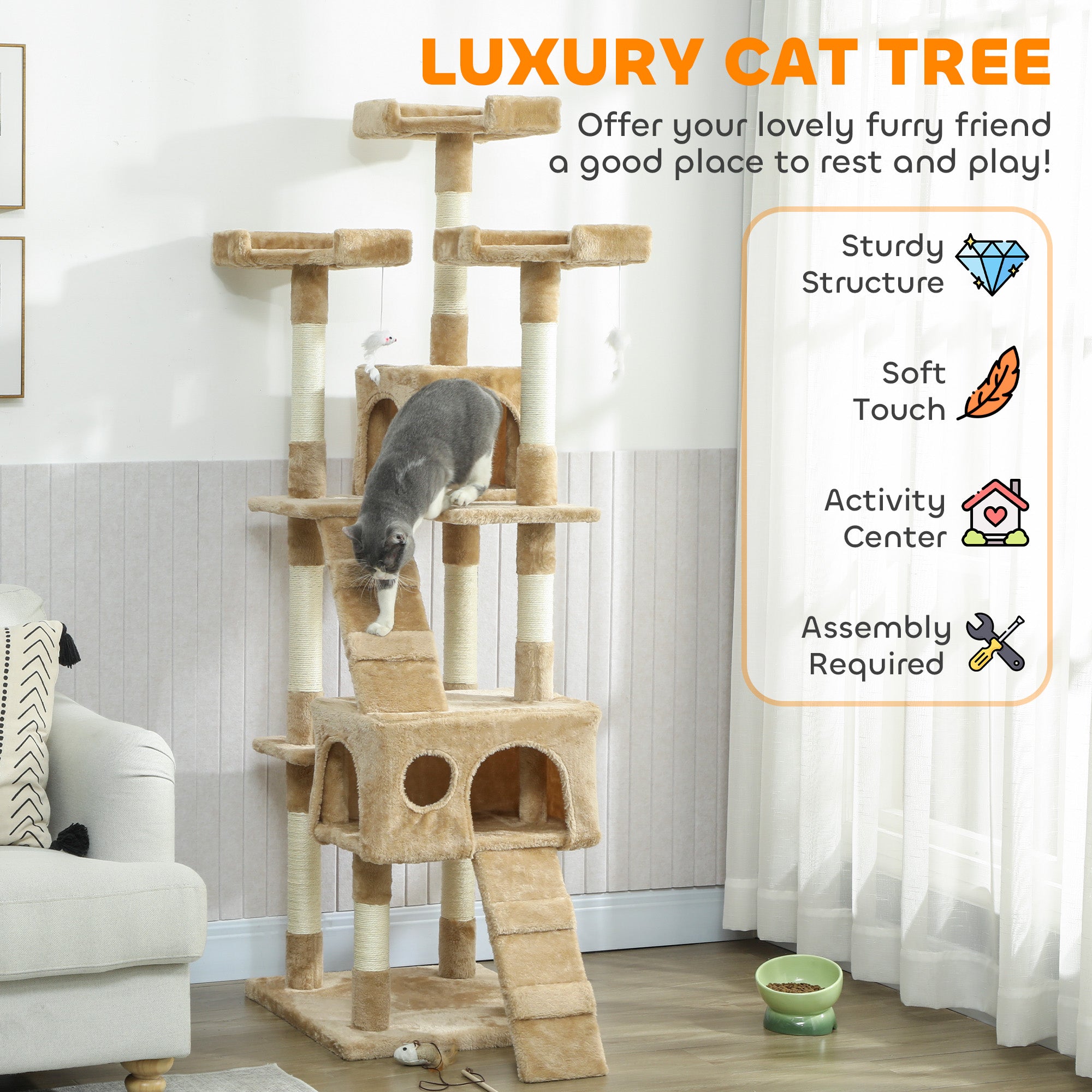 pawhut-arbre-chat-68-pouces-avec-2-niches-perchoirs-et-griffoirs-marron-clair image 6