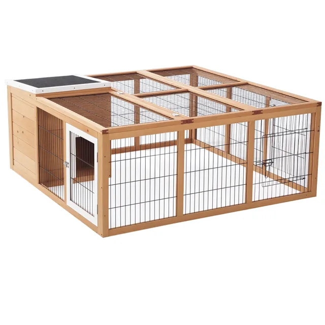 pawhut-clapier-lapin-en-bois-120-cm-haven-jaune-avec-toit-ouvrant-et-enclos image 1