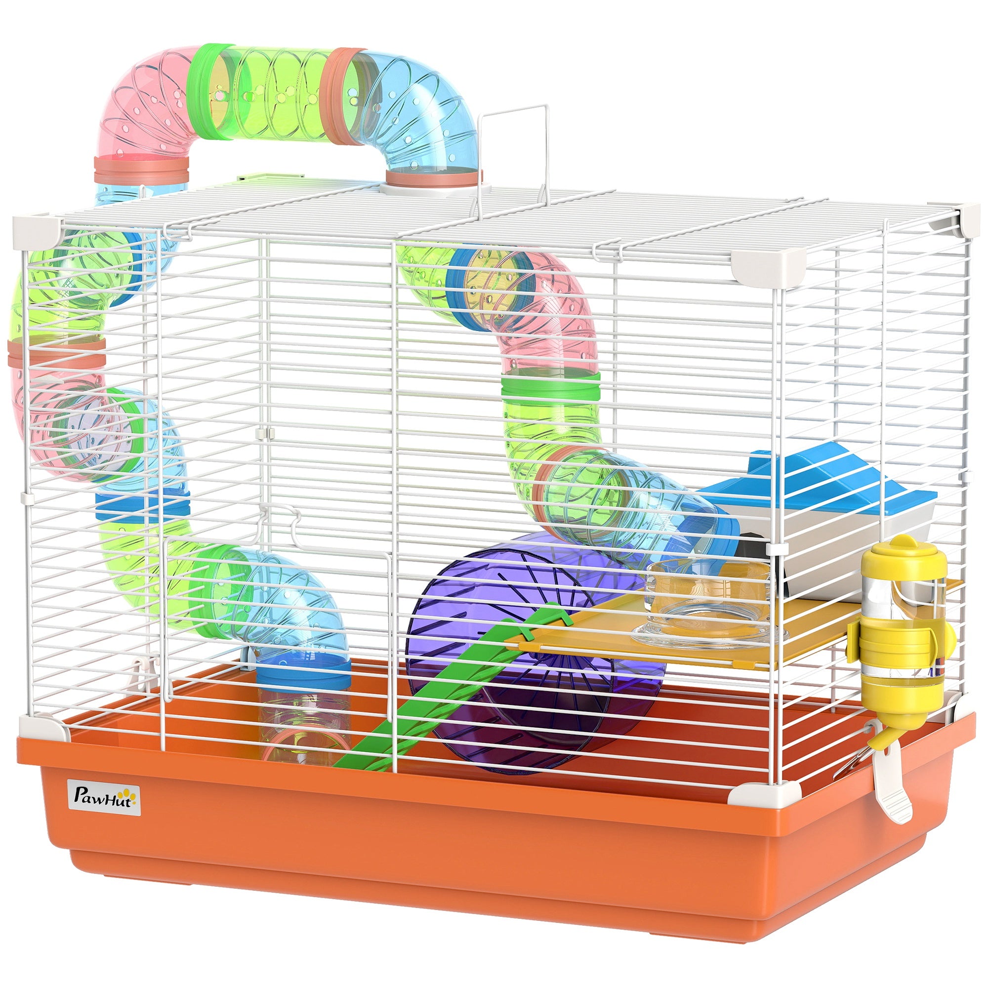 pawhut-cage-hamster-2-niveaux-18-avec-tunnels-et-accessoires-orange image 2