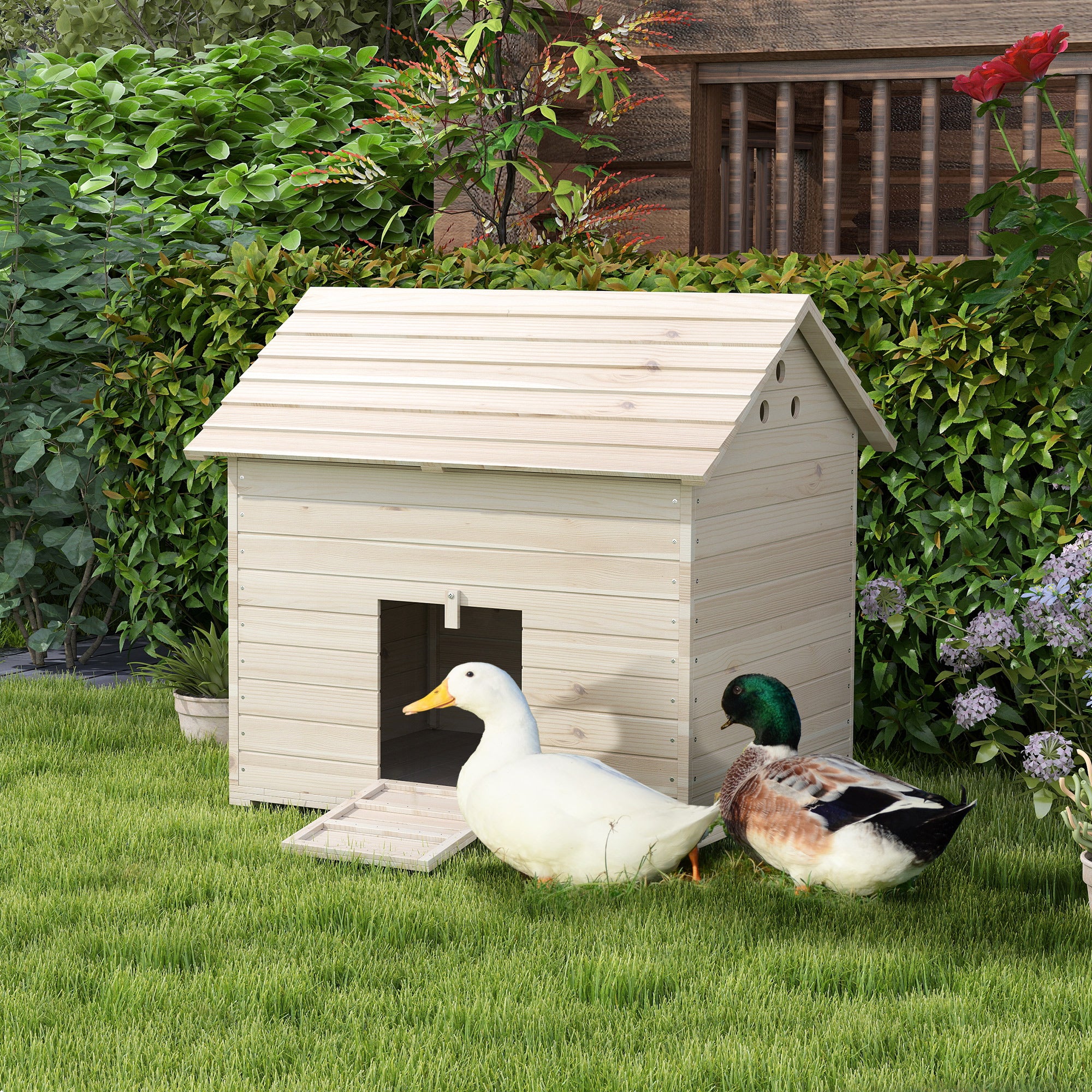 pawhut-maison-en-bois-sur-lev-e-pour-canards-avec-rampe-et-toit-inclin image 3