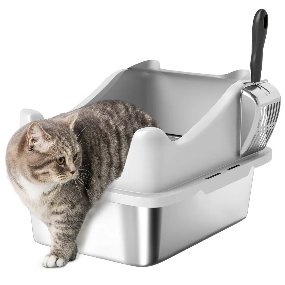 pawhut-bac-liti-re-chat-inox-avec-pelle-bords-hauts-43-cm-gris image 1