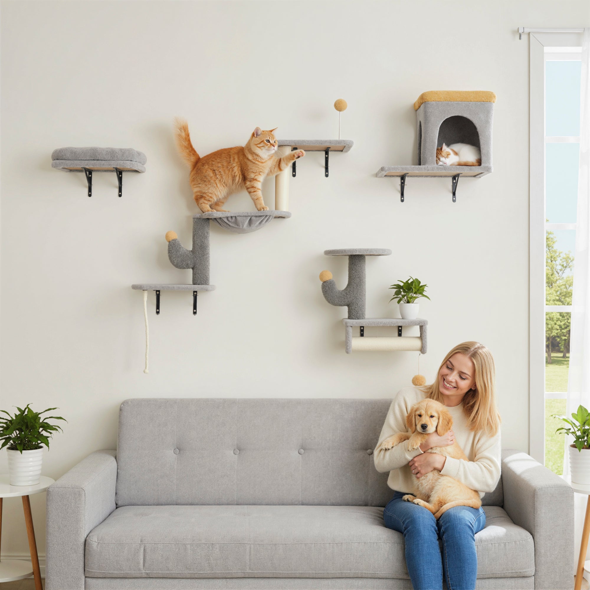 pawhut-parcours-mural-chat-4-pi-ces-niche-hamac-lit-gris-clair image 4