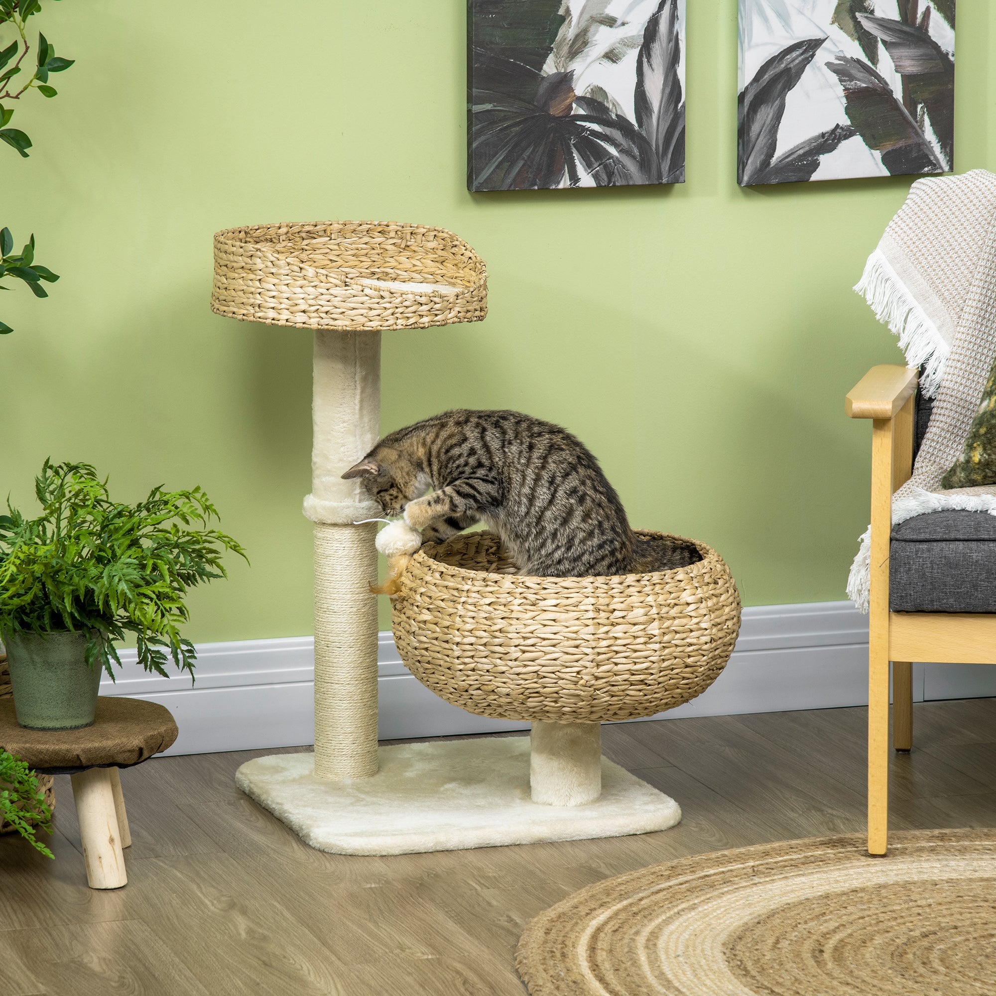 pawhut-arbre-chat-72-cm-maison-en-paille-tress-e-avec-griffoirs-et-coussins image 3