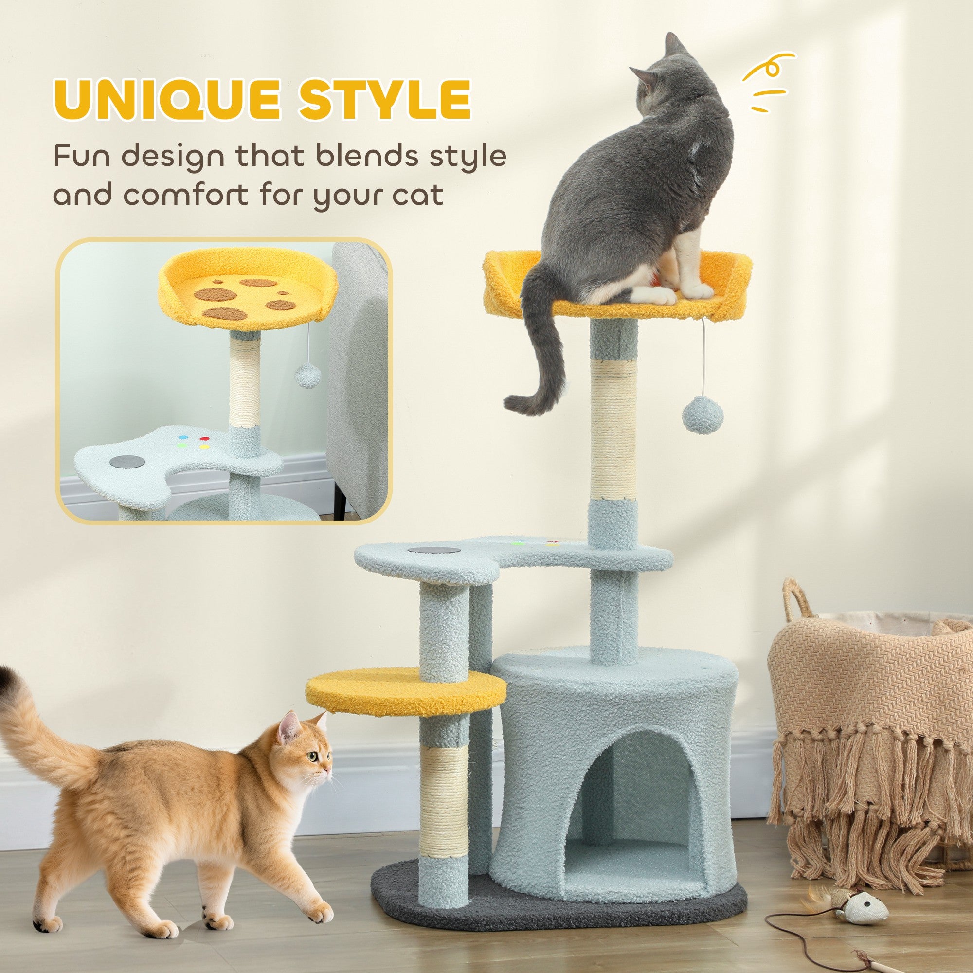 pawhut-arbre-chat-80-cm-avec-niche-perchoir-pizza-et-griffoir-bleu image 6