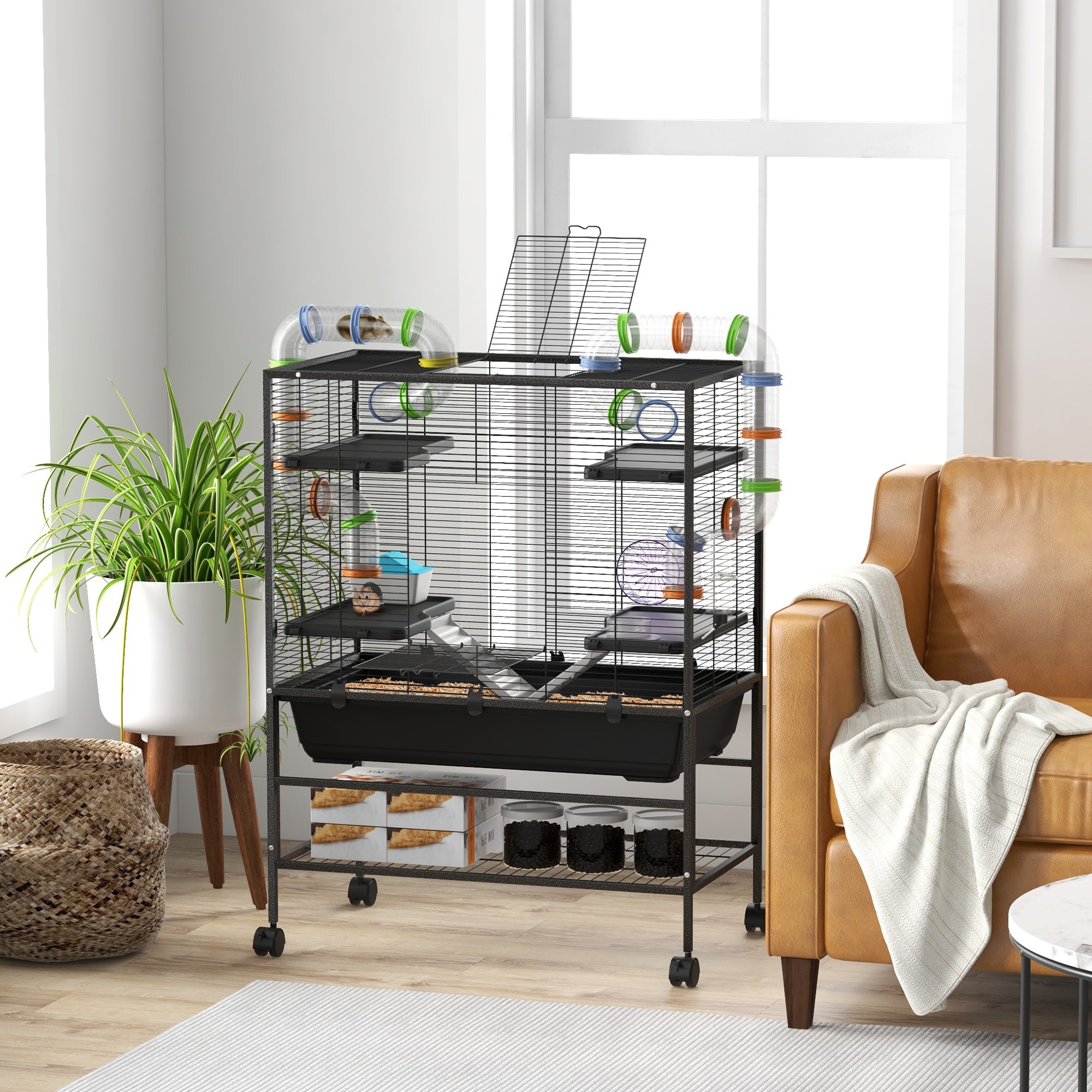 pawhut-cage-hamster-32-grande-avec-tag-re-de-rangement-et-syst-me-de-tubes-noire image 4