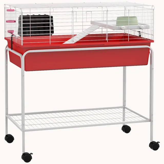 pawhut-cage-furet-ou-rongeurs-2-tages-sur-pied-amovible-avec-tablette-et-roulett image 1