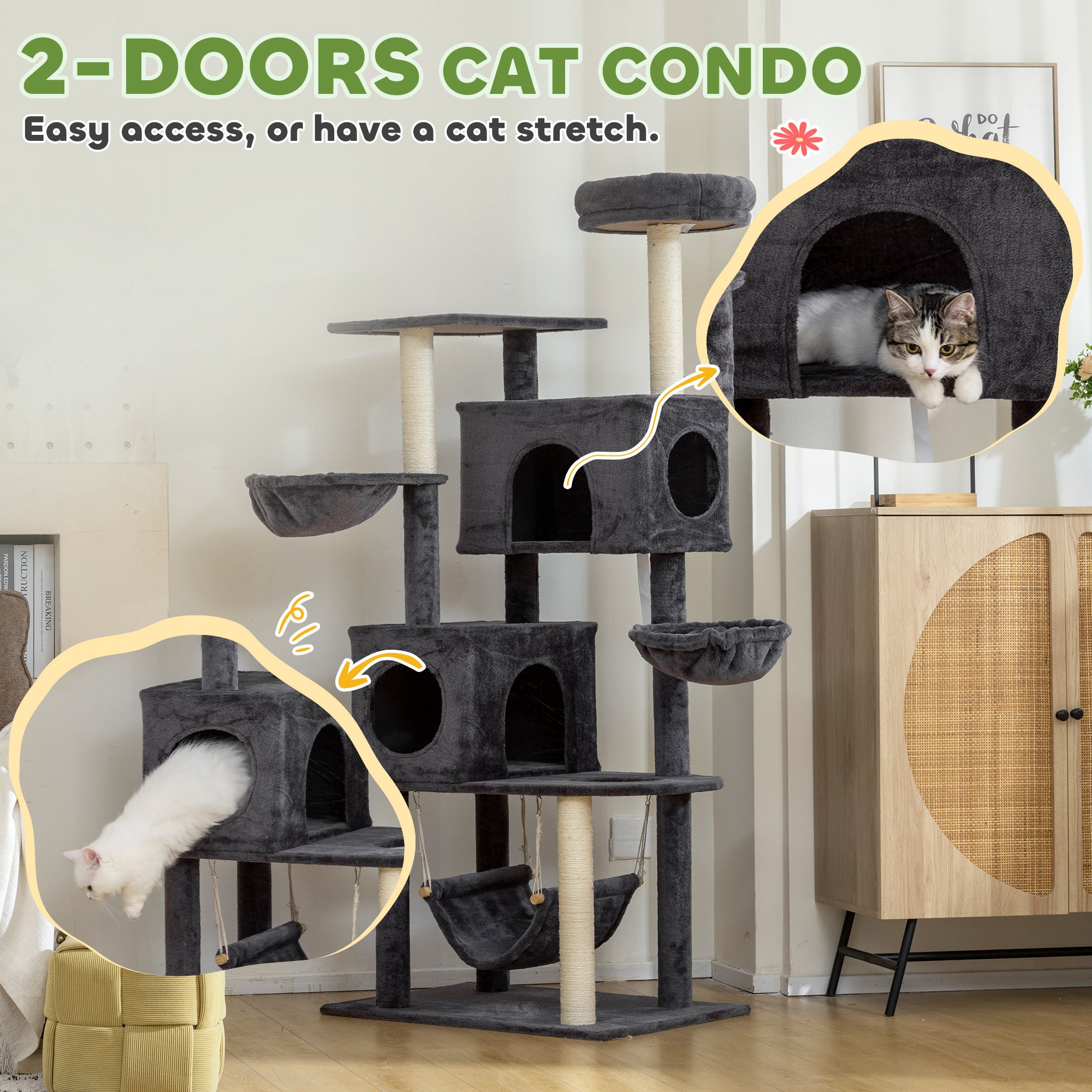 pawhut-arbre-chat-66-avec-2-niches-3-hamacs-et-perchoir-gris-fonc image 7