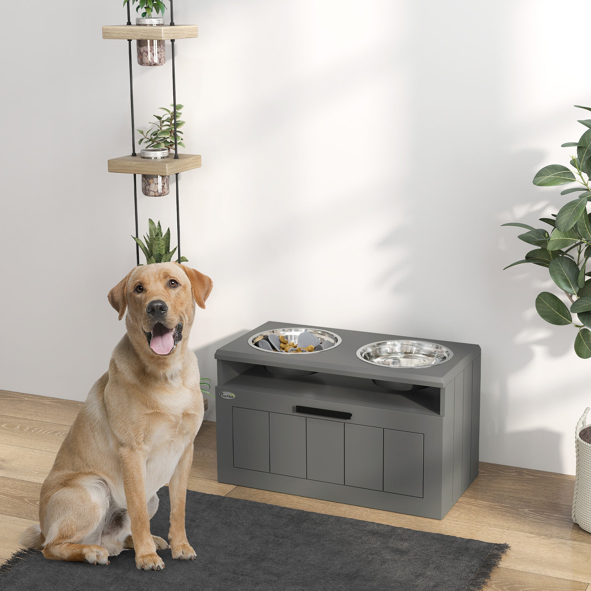 pawhut-gamelle-chien-sur-lev-e-grise-avec-anti-glouton-et-tiroir-grand-chien image 3