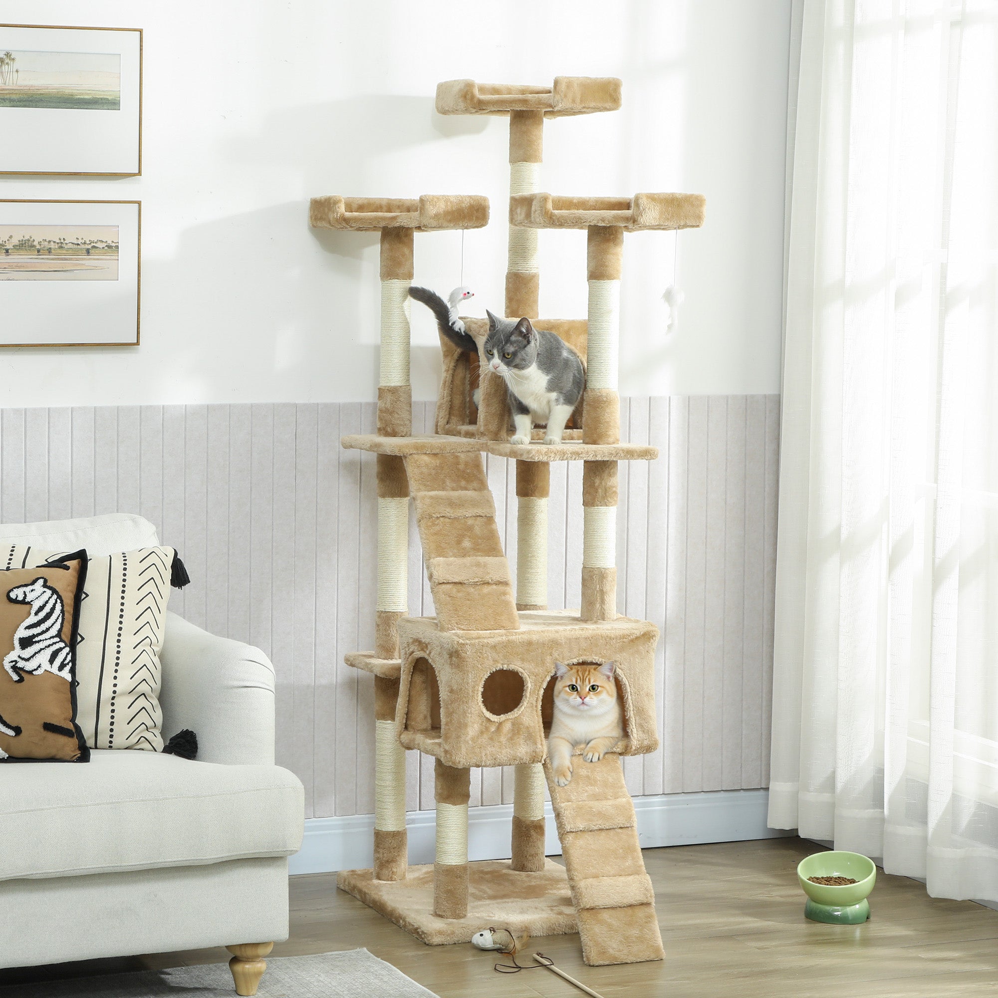 pawhut-arbre-chat-68-pouces-avec-2-niches-perchoirs-et-griffoirs-marron-clair image 3