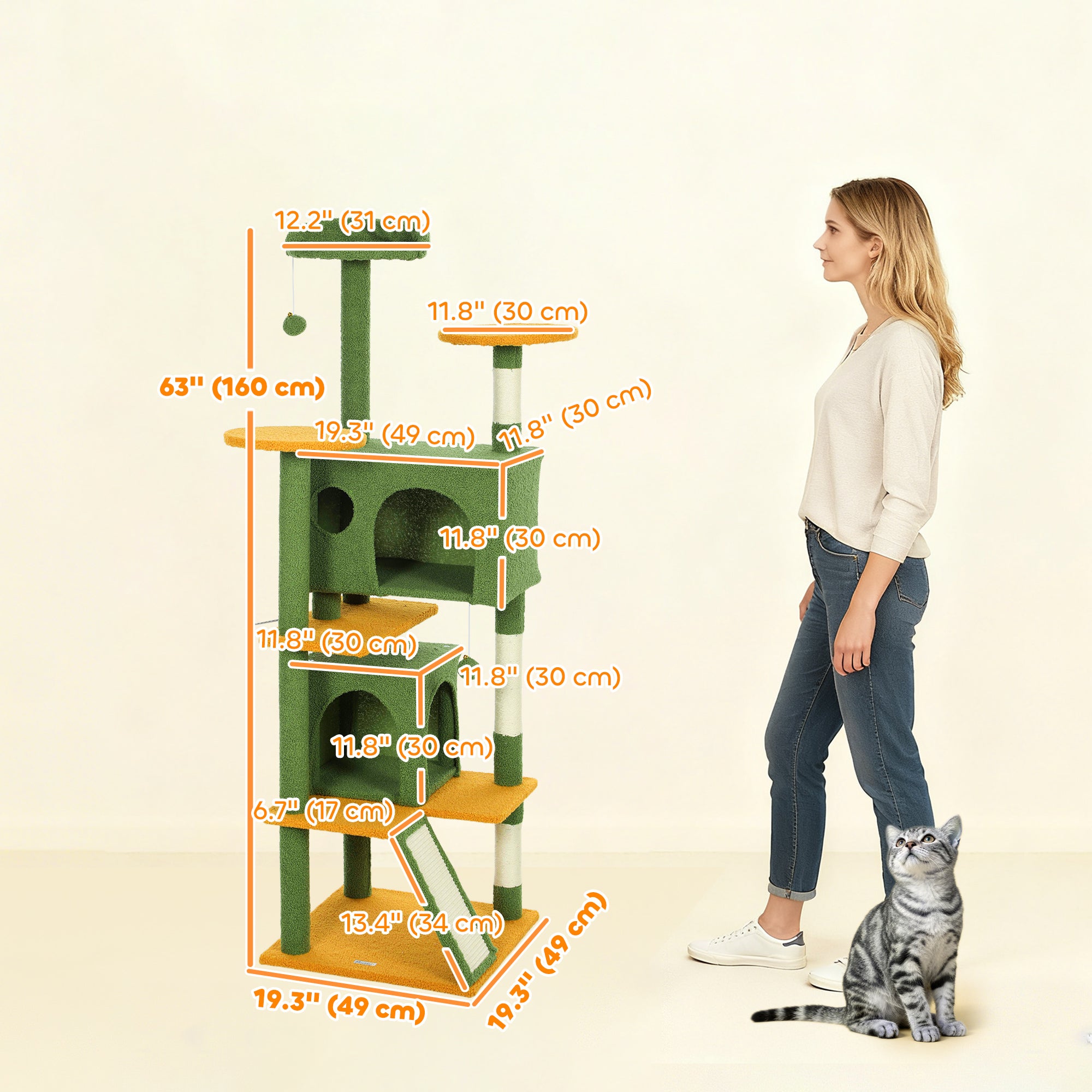 pawhut-arbre-chat-63-pouces-vert-avec-2-niches-lit-rampe-et-griffoirs image 5
