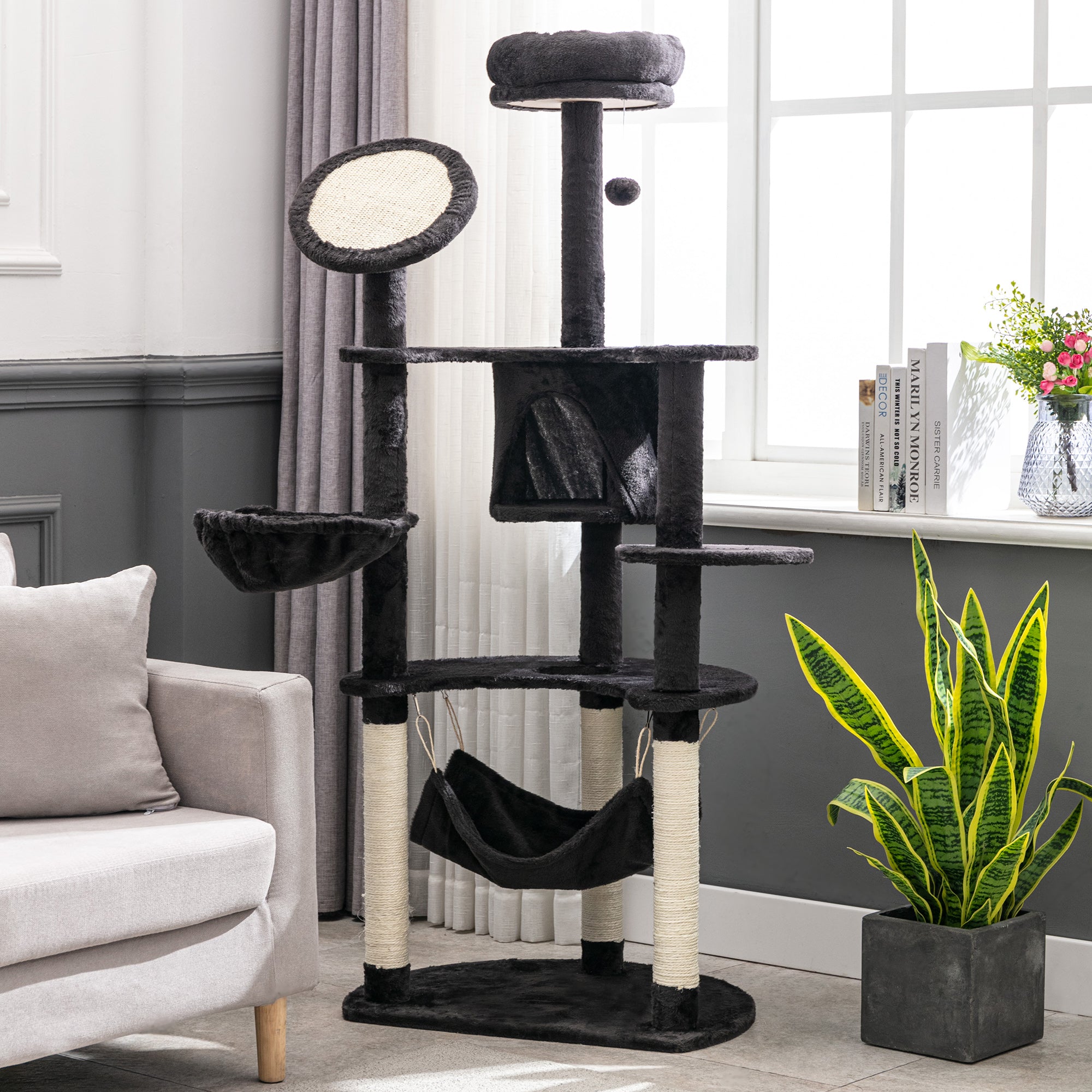pawhut-arbre-chat-152-cm-avec-niche-2-hamacs-et-griffoirs-gris-fonc image 4
