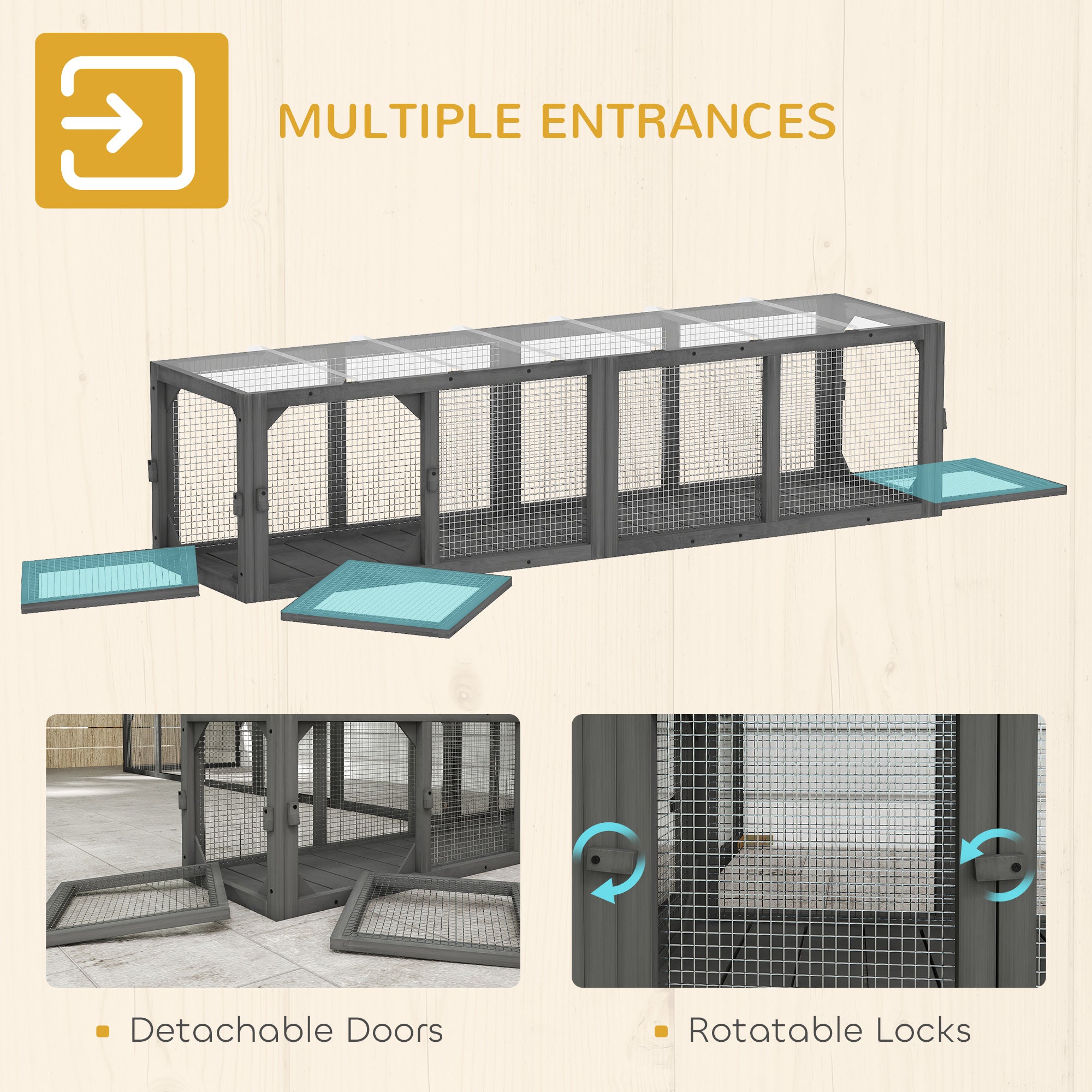 pawhut-tunnel-pour-chat-ext-rieur-modulaire-bois-3-portes-gris image 8