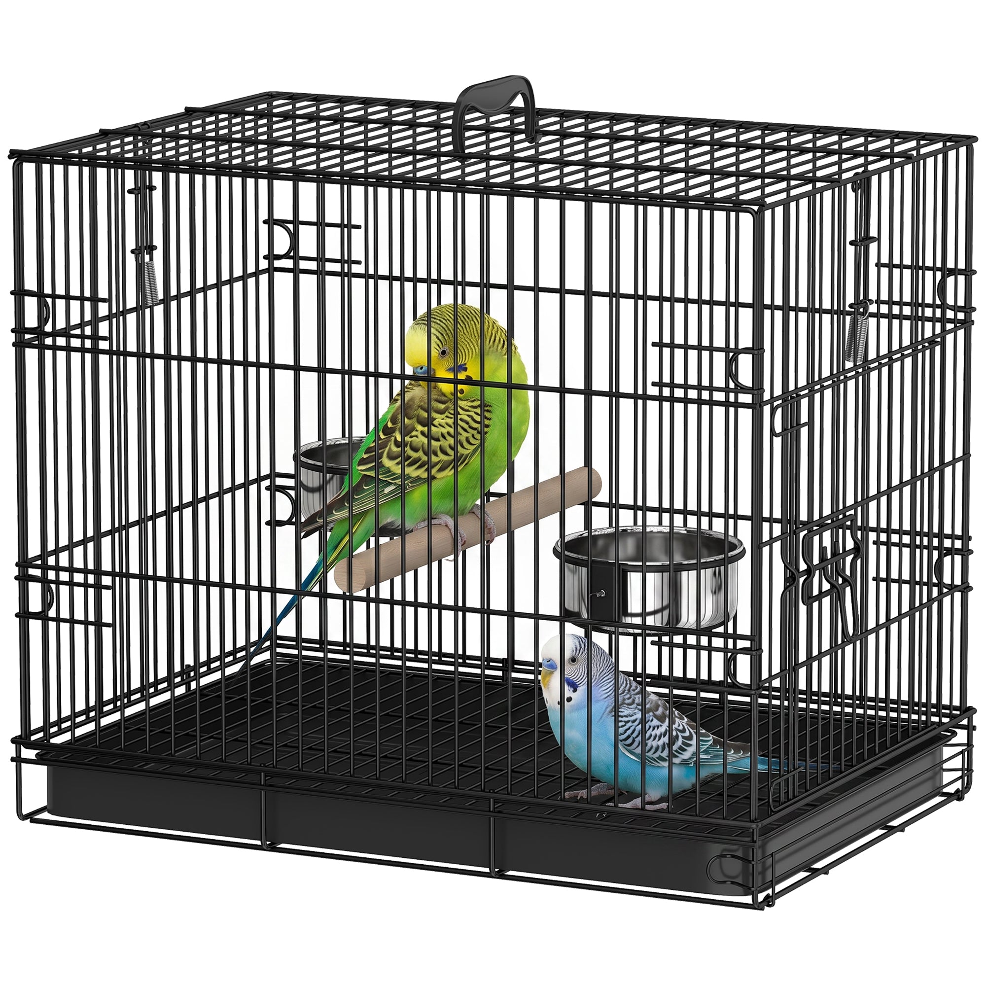 pawhut-cage-de-transport-pour-oiseau-pliable-en-m-tal-noir-perchoir-en-bois-game image 2