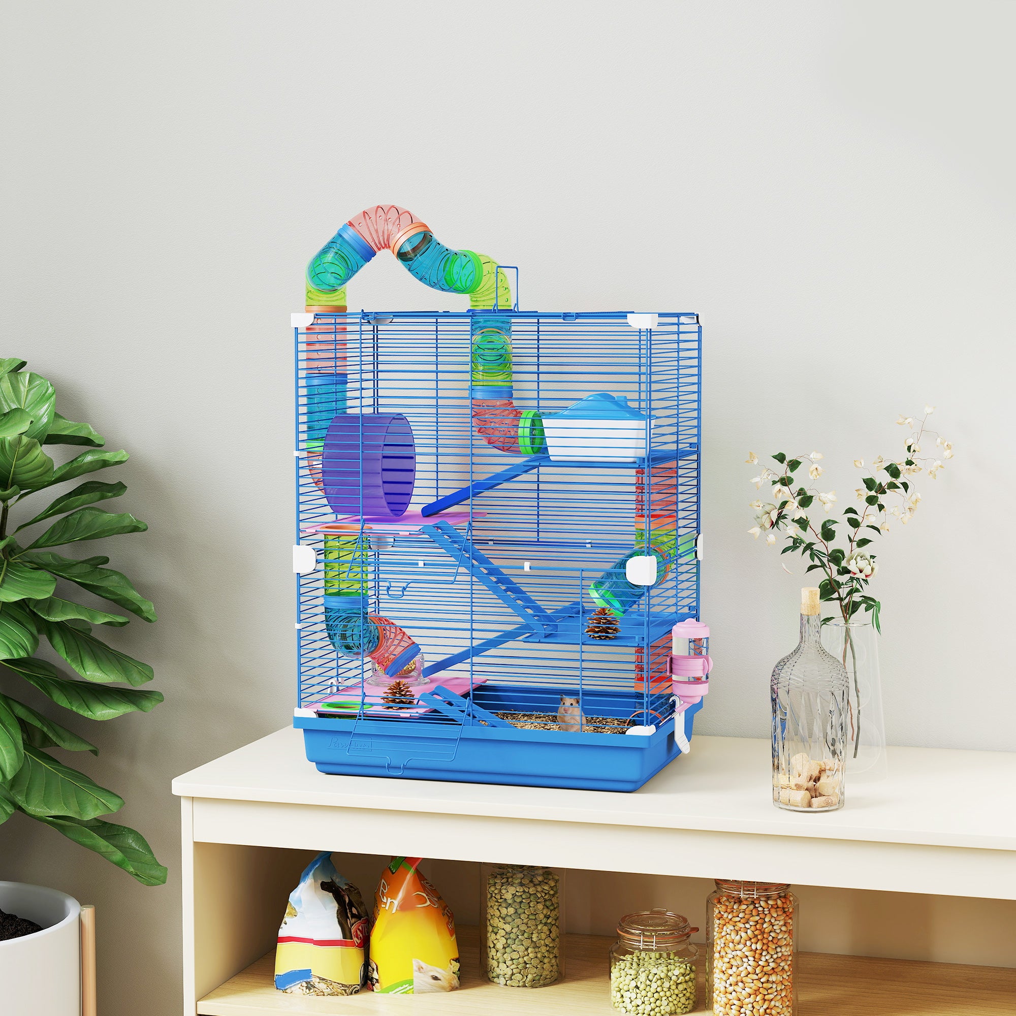 pawhut-cage-hamster-5-tages-avec-tunnels-roue-et-maison-bleue image 3